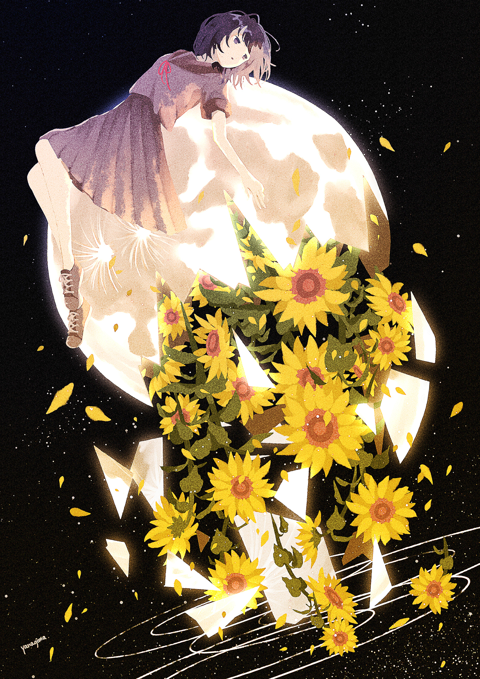 yanagima yu03, original, highres, 1girl, flower, lying, moon, night, night sky, on back, petals, school uniform, short hair, short sleeves, side part, sky, solo, star (sky), sunflower