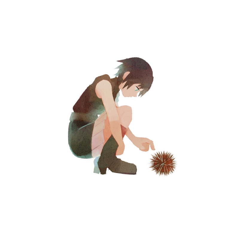 sashimi umasugi, xion (kingdom hearts), kingdom hearts, kingdom hearts iii, commentary request, 1girl, black hair, blue eyes, boots, from side, full body, high heel boots, high heels, miniskirt, pleated skirt, sea urchin, short hair, skirt, solo, squatting, vest