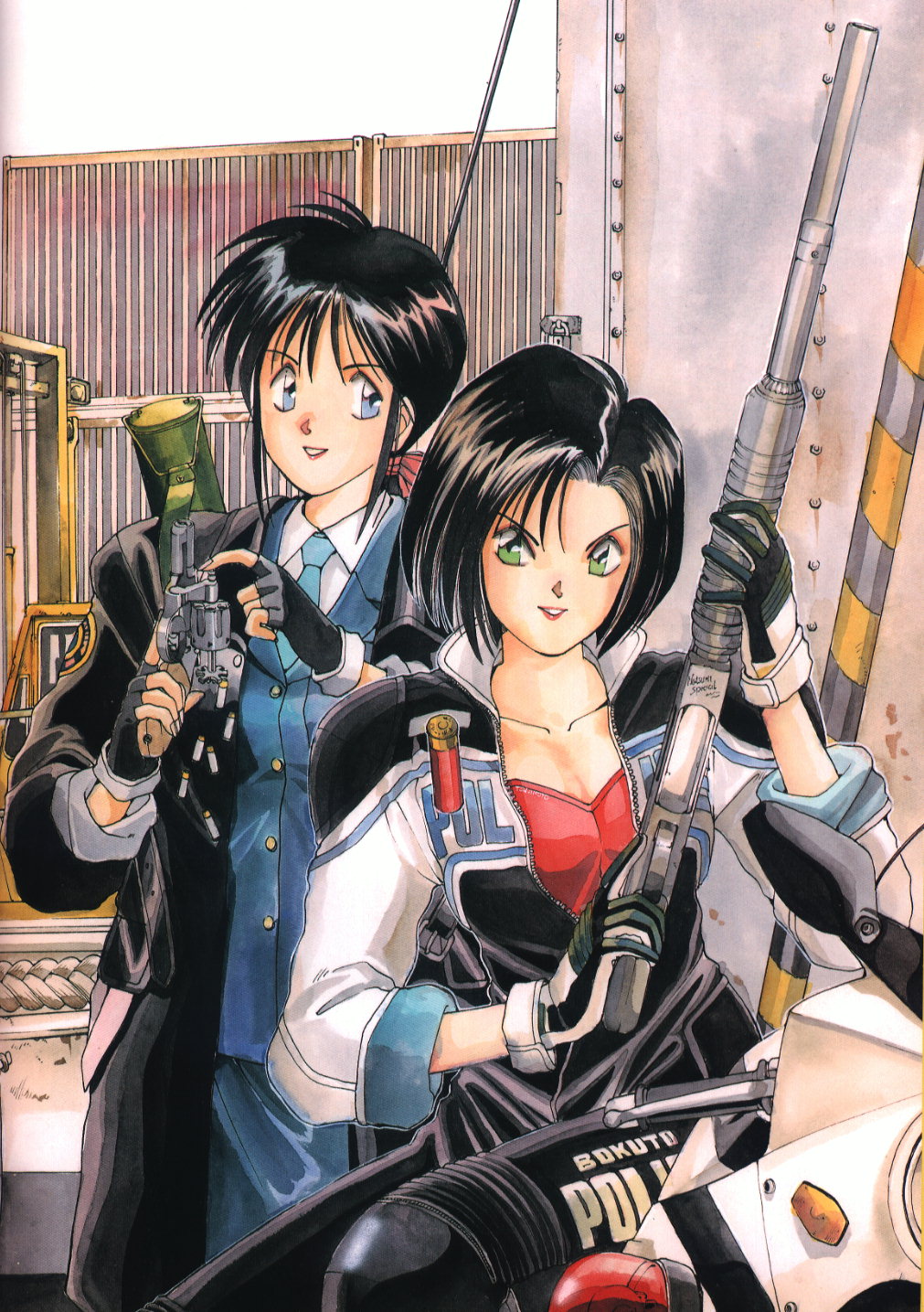 fujishima kousuke, kobayakawa miyuki, tsujimoto natsumi, taiho shichauzo, vehicle, highres, 2girls, biker clothes, bikesuit, bodysuit, gun, handgun, japan national police, motor vehicle, motorcycle, multiple girls, open cylinder (revolver), police, police motorcycle, pump action, revolver, rocket launcher, shotgun, shotgun shell, weapon