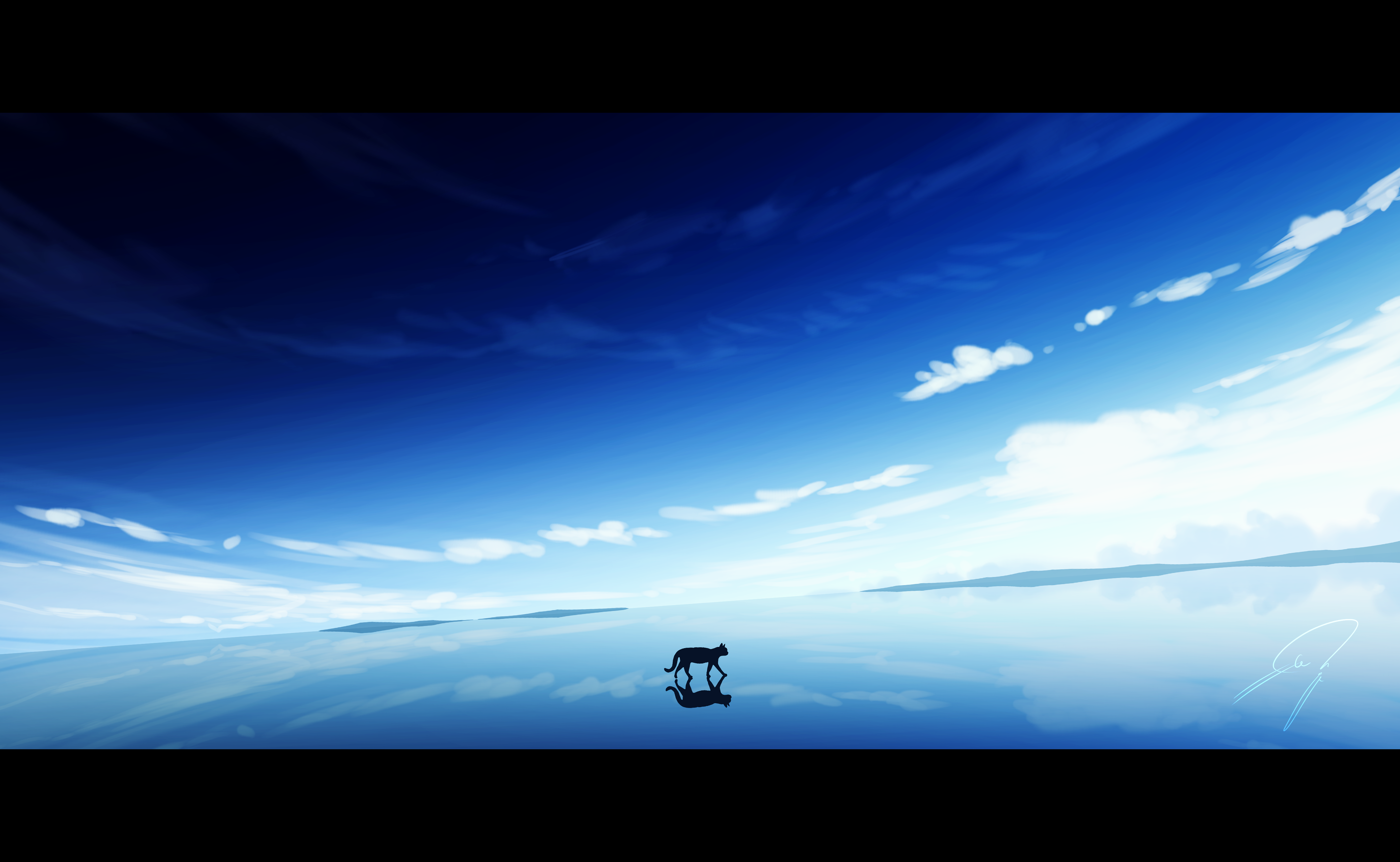nengoro, original, absurdres, commentary request, highres, blue sky, cat, cloud, day, letterboxed, no humans, outdoors, reflective surface, scenery, signature, silhouette, sky, sky focus