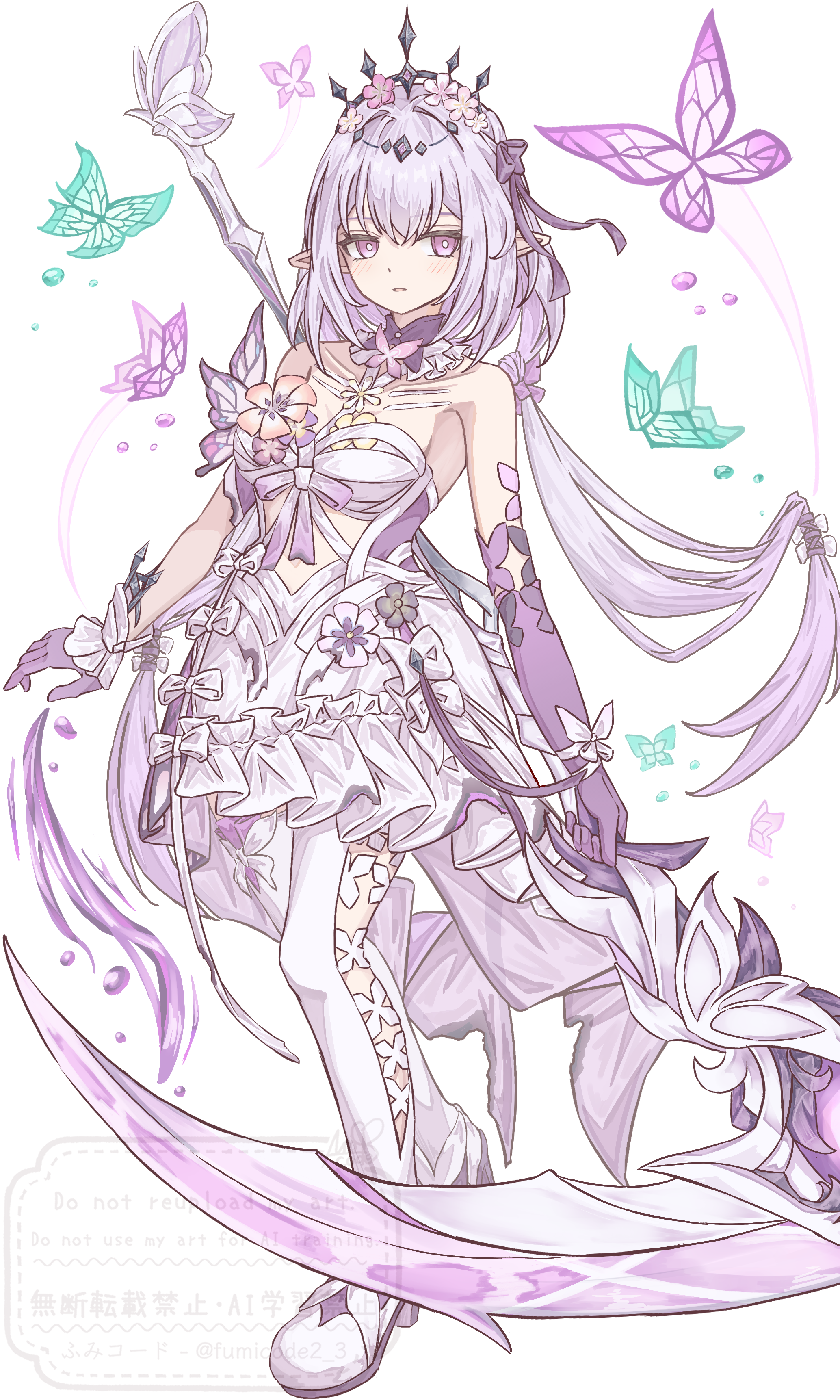 fumicode2 3, castorice (honkai: star rail), honkai: star rail, honkai (series), absurdres, highres, 1girl, asymmetrical gloves, bare shoulders, black tiara, bright pupils, bug, butterfly, elbow gloves, flower, full body, gloves, hair flower, hair ornament, holding, holding scythe, holding weapon, insect, legwear cutout, long hair, looking at viewer, pantyhose, parted lips, pointy ears, purple butterfly, purple eyes, purple gloves, purple hair, scythe, shoes, simple background, solo, standing, tiara, uneven gloves, very long hair, weapon, white background, white pantyhose, white pupils, white shoes