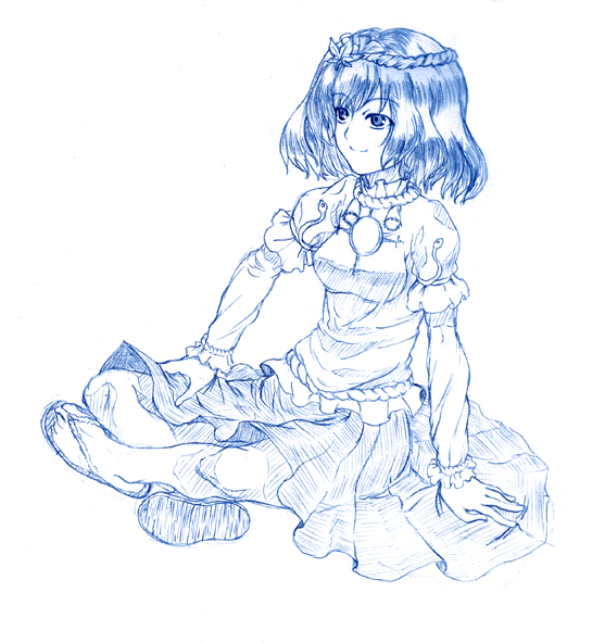juuka@100neko, yasaka kanako, touhou, 1girl, blue theme, female focus, monochrome, simple background, solo