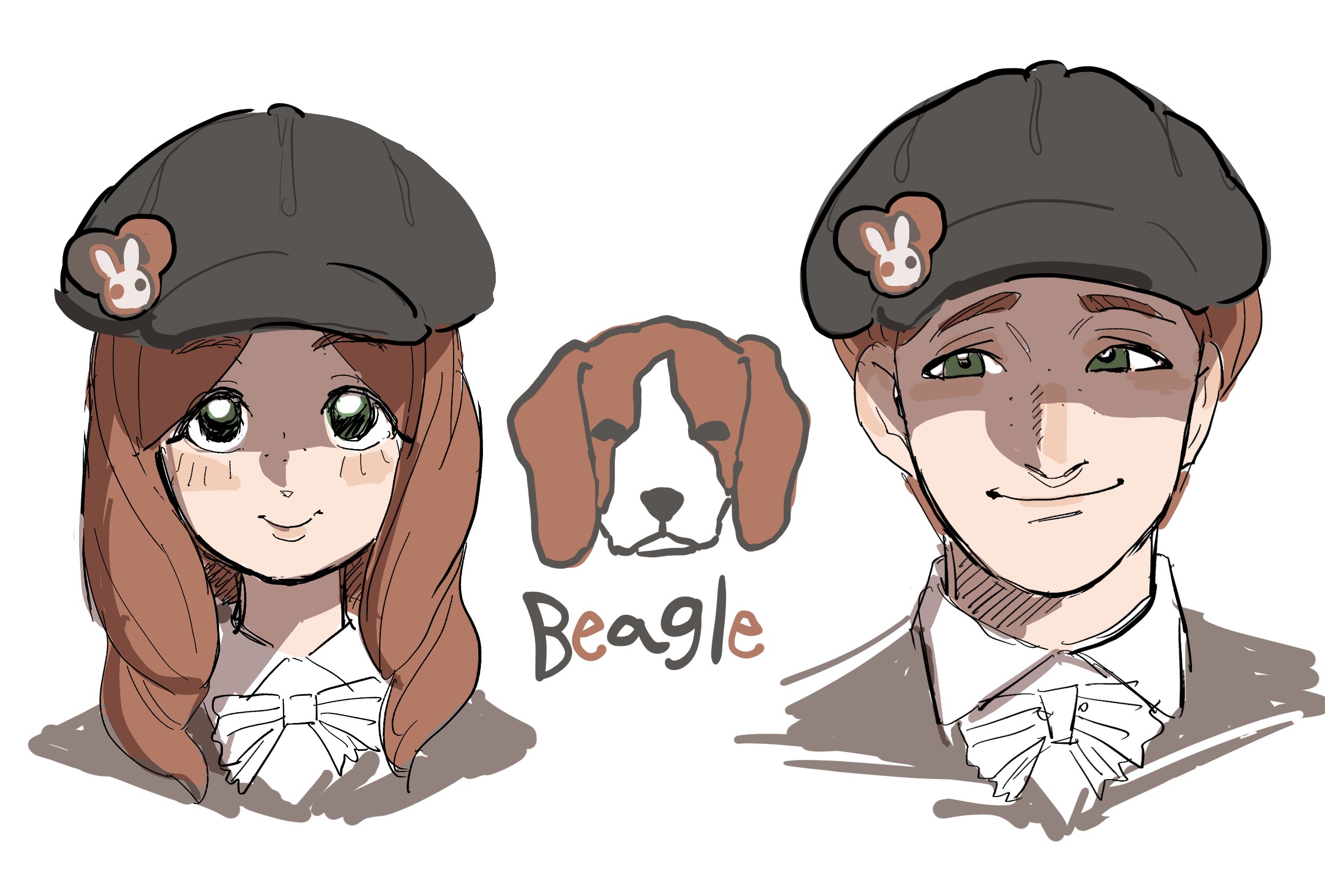 dancho no mori, original, highres, 1boy, 1girl, animal name, beagle, black hat, bow, brown hair, closed mouth, creature and personification, dog, freckles, green eyes, hat, long hair, newsboy cap, parted bangs, personification, short hair, simple background, smile, white background, white bow