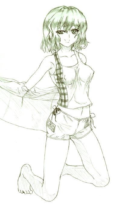 juuka@100neko, kazami yuuka, touhou, 1girl, barefoot, breasts, breasts apart, feet, female focus, full body, green theme, impossible clothes, kneeling, medium breasts, midriff, monochrome, off shoulder, plaid clothes, plaid vest, shorts, simple background, smirk, solo, tank top, vest