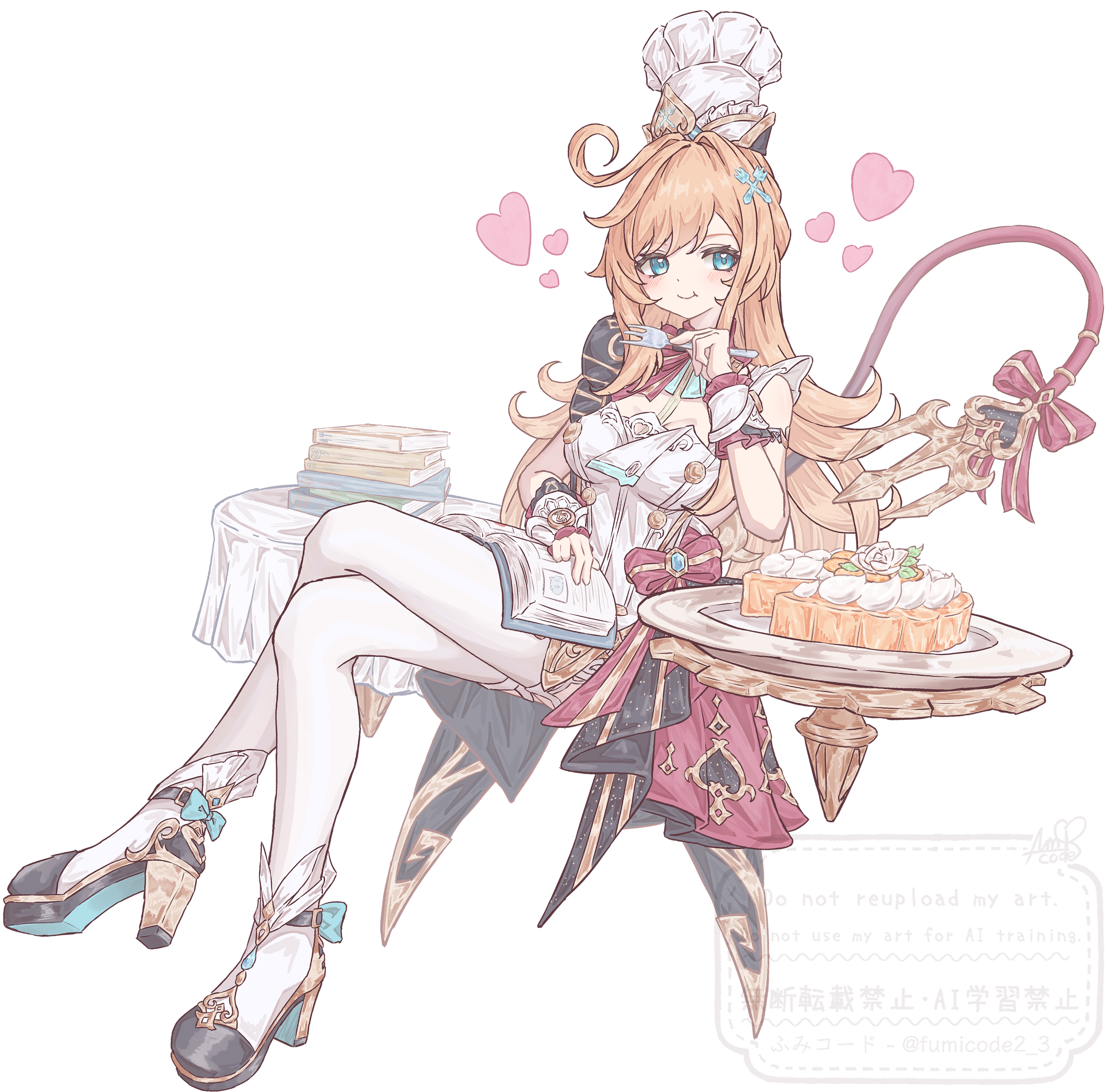 fumicode2 3, escoffier (genshin impact), genshin impact, absurdres, highres, 1girl, aqua eyes, black shoes, book, chef, chef hat, closed mouth, crossed legs, food, full body, hat, heart, heart in eye, high heels, invisible chair, long hair, open book, orange hair, shoes, simple background, sitting, smile, solo, symbol in eye, tail, thighhighs, white background, white hat, white thighhighs