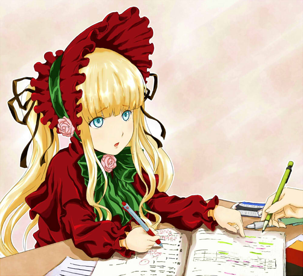 onoguru, shinku, rozen maiden, tombow mono, bad id, bad pixiv id, 00s, 1girl, blonde hair, blue eyes, bonnet, book, bow, brand name imitation, doll joints, dress, eraser, female focus, homework, joints, long hair, mechanical pencil, pen, pencil, solo, studying, twintails