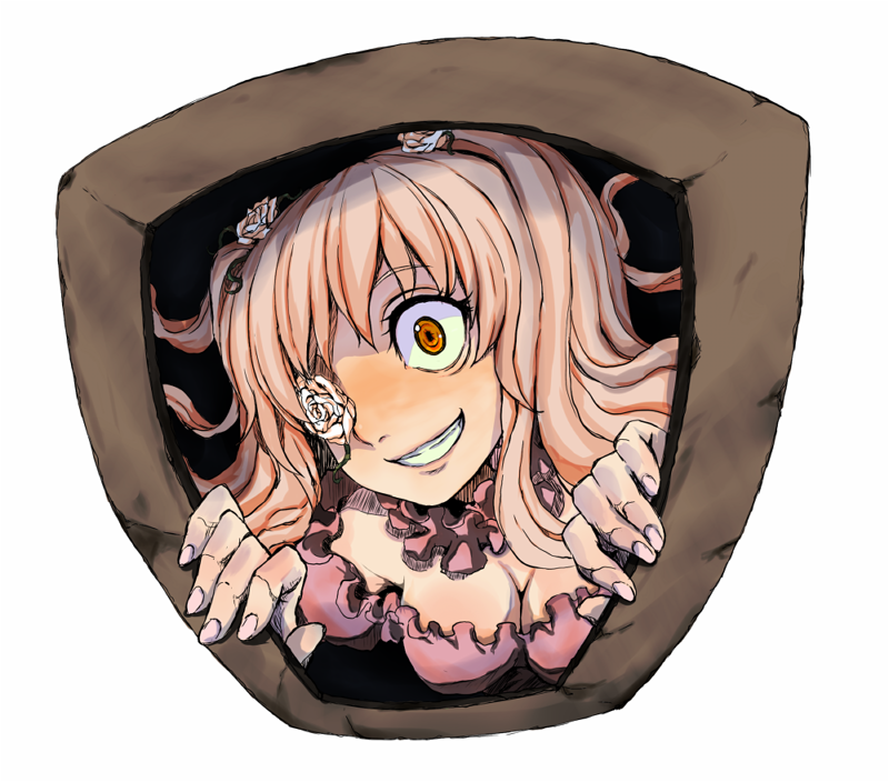 onoguru, kirakishou, rozen maiden, bad id, bad pixiv id, 00s, 1girl, breasts, cleavage, crazy eyes, dress, eyepatch, female focus, frills, grin, hanging breasts, medium breasts, orange eyes, pink hair, smile, solo, twintails