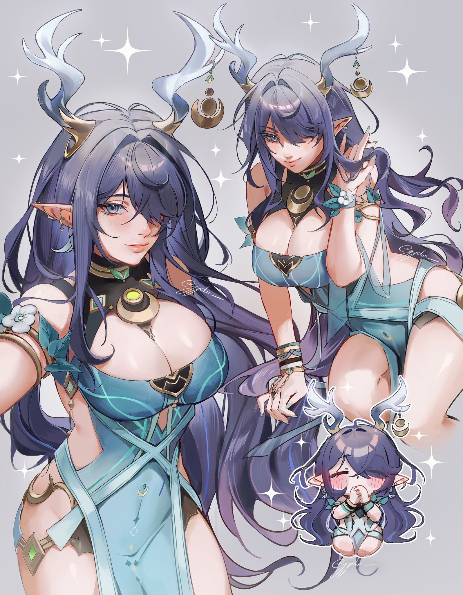 ggelus, lauma (genshin impact), genshin impact, commentary, english commentary, highres, 1girl, antler ornament, antlers, bare shoulders, blue dress, blue eyes, blue hair, blush, breasts, cleavage, closed eyes, closed mouth, crescent, deer antlers, dress, grey background, hair over one eye, hand to own mouth, horns, kneeling, large breasts, light smile, long hair, multiple views, pelvic curtain, pointy ears, sitting, sleeveless, sleeveless dress, very long hair