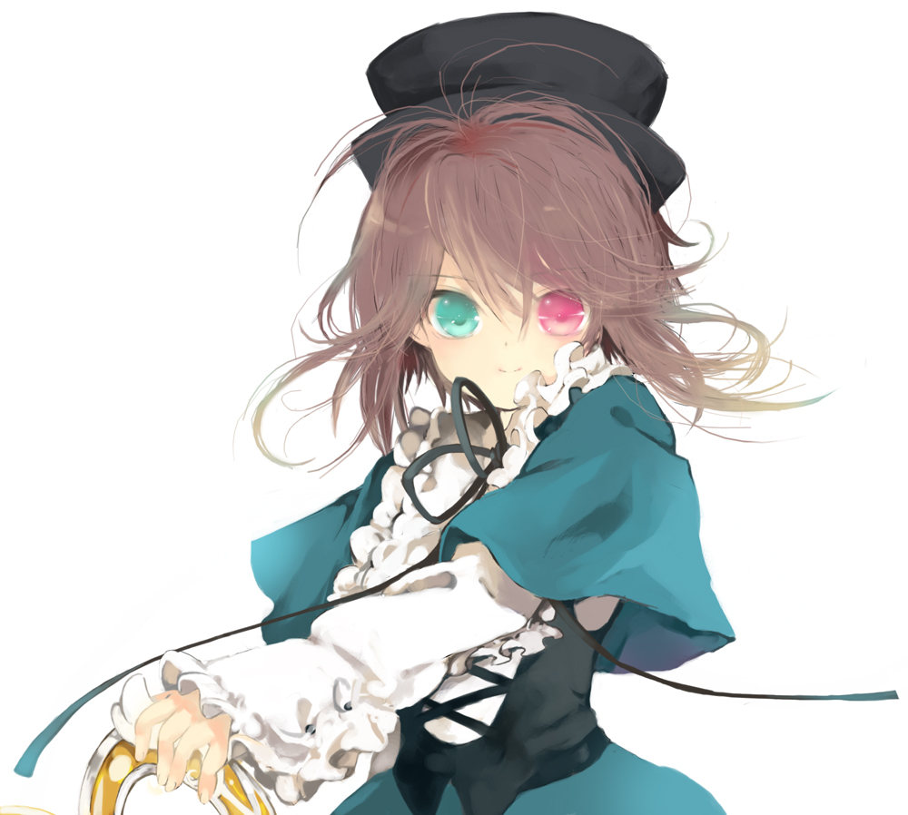 caterpillar (artist), shiratama shima, souseiseki, rozen maiden, 00s, 1girl, brown hair, female focus, frills, hat, heterochromia, ribbon, solo