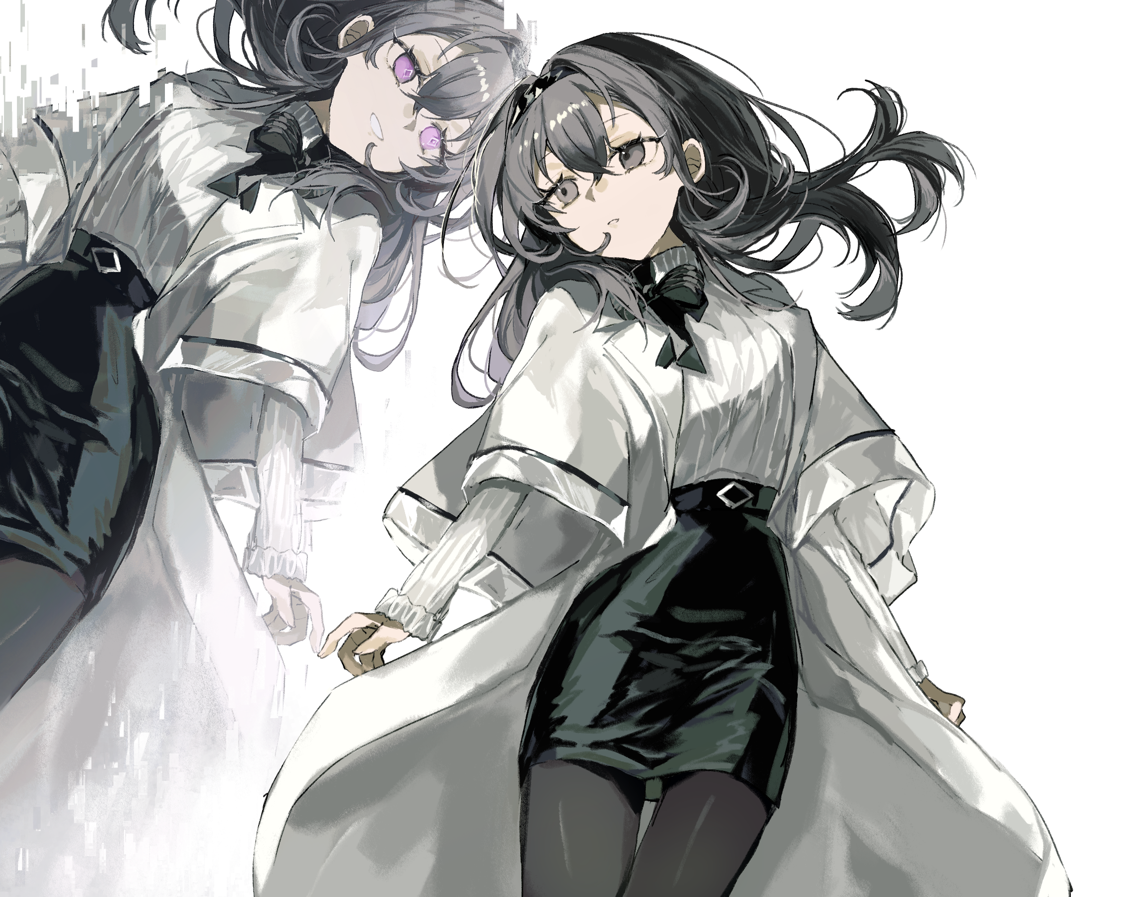 fumi (rdbm), priestess (arknights), arknights, commentary request, highres, 2girls, black bow, black bowtie, black eyes, black hair, black skirt, black thighhighs, bow, bowtie, coat, dual persona, hair intakes, lab coat, long hair, looking at viewer, multiple girls, parted lips, pencil skirt, purple eyes, shirt, simple background, skirt, smile, thighhighs, white background, white coat, white shirt