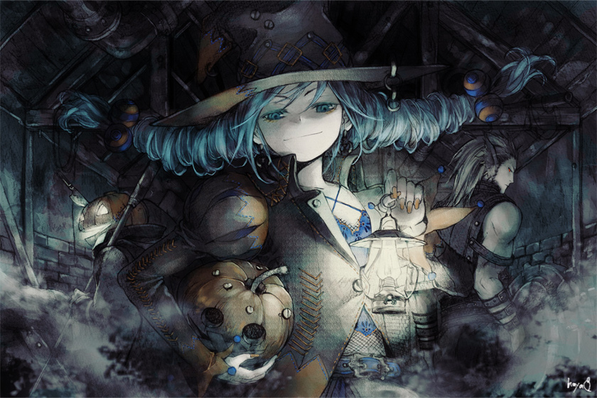 kaya8, original, 1girl, 2boys, belt, blue eyes, blue hair, drill hair, flat chest, halloween, hat, jack-o'-lantern, lantern, multiple boys, pumpkin, twintails