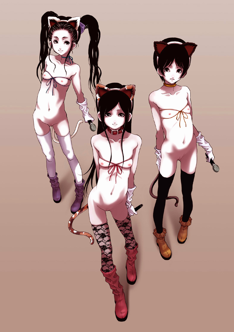 udai, original, bad id, bad pixiv id, 3girls, animal ears, black eyes, black hair, boots, cat ears, cat tail, cleft of venus, collar, flat chest, gloves, hairband, knee boots, long hair, microphone, multiple girls, nipples, nude, pussy, short hair, string, tail, thighhighs, twintails, uncensored