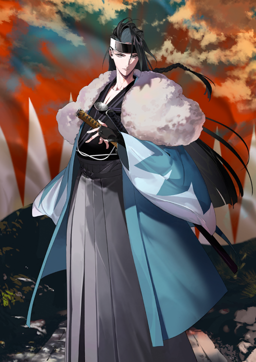 pako (pakosun), kondou isami (fate), fate/grand order, fate (series), game cg, official art, third-party source, 1boy, aqua haori, armor, black hair, black kimono, braid, closed mouth, expressionless, feet out of frame, floating hair, forehead protector, fur shawl, grey eyes, grey hakama, hakama, haori, japanese armor, japanese clothes, katana, kimono, kote, long hair, long sleeves, looking at viewer, male focus, shawl, sheath, sheathed, shinsengumi, solo, standing, sword, weapon, wide sleeves