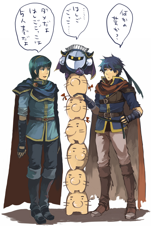 hanokage, doseisan, ike (fire emblem), marth (fire emblem), meta knight, fire emblem, fire emblem: mystery of the emblem, fire emblem: path of radiance, kirby (series), mother (series), nintendo, super smash bros., partially translated, translation request, 2boys, armor, blue eyes, blue hair, cape, gloves, headband, male focus, mask, multiple boys, smile, stacking, tiara, yellow eyes