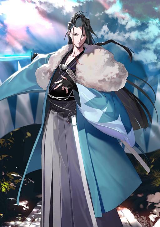 pako (pakosun), kondou isami (fate), fate/grand order, fate (series), game cg, official art, third-party source, 1boy, aqua haori, armor, black hair, black kimono, braid, closed mouth, feet out of frame, floating hair, fur shawl, glowing, glowing sword, glowing weapon, grey eyes, grey hakama, hakama, haori, holding, holding sword, holding weapon, japanese armor, japanese clothes, katana, kimono, kote, long hair, long sleeves, looking at viewer, male focus, shawl, sheath, sheathed, shinsengumi, smile, solo, standing, sword, unsheathed, weapon, wide sleeves