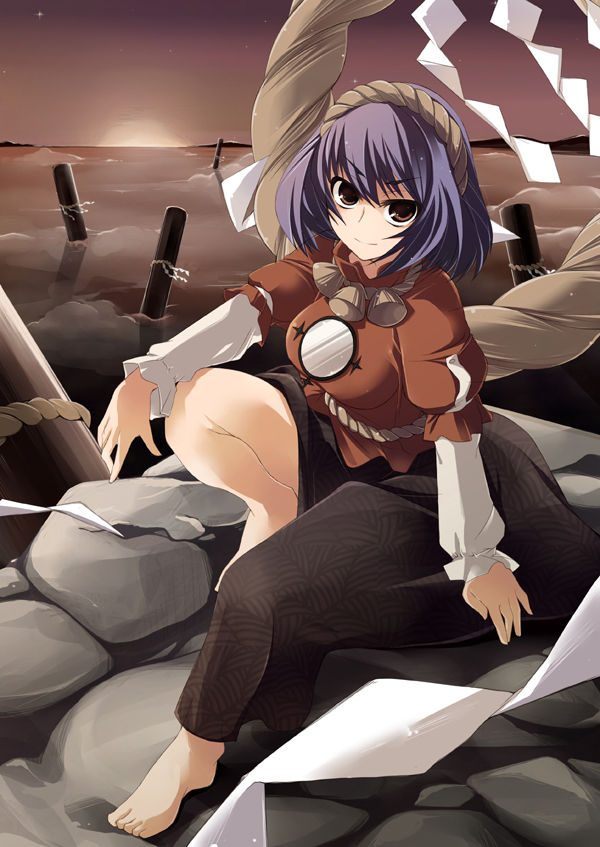 amanooni touri, yasaka kanako, touhou, bad id, bad pixiv id, 1girl, barefoot, blue hair, breasts, feet, female focus, full body, large breasts, outdoors, rock, short hair, sitting, skirt, sky, solo