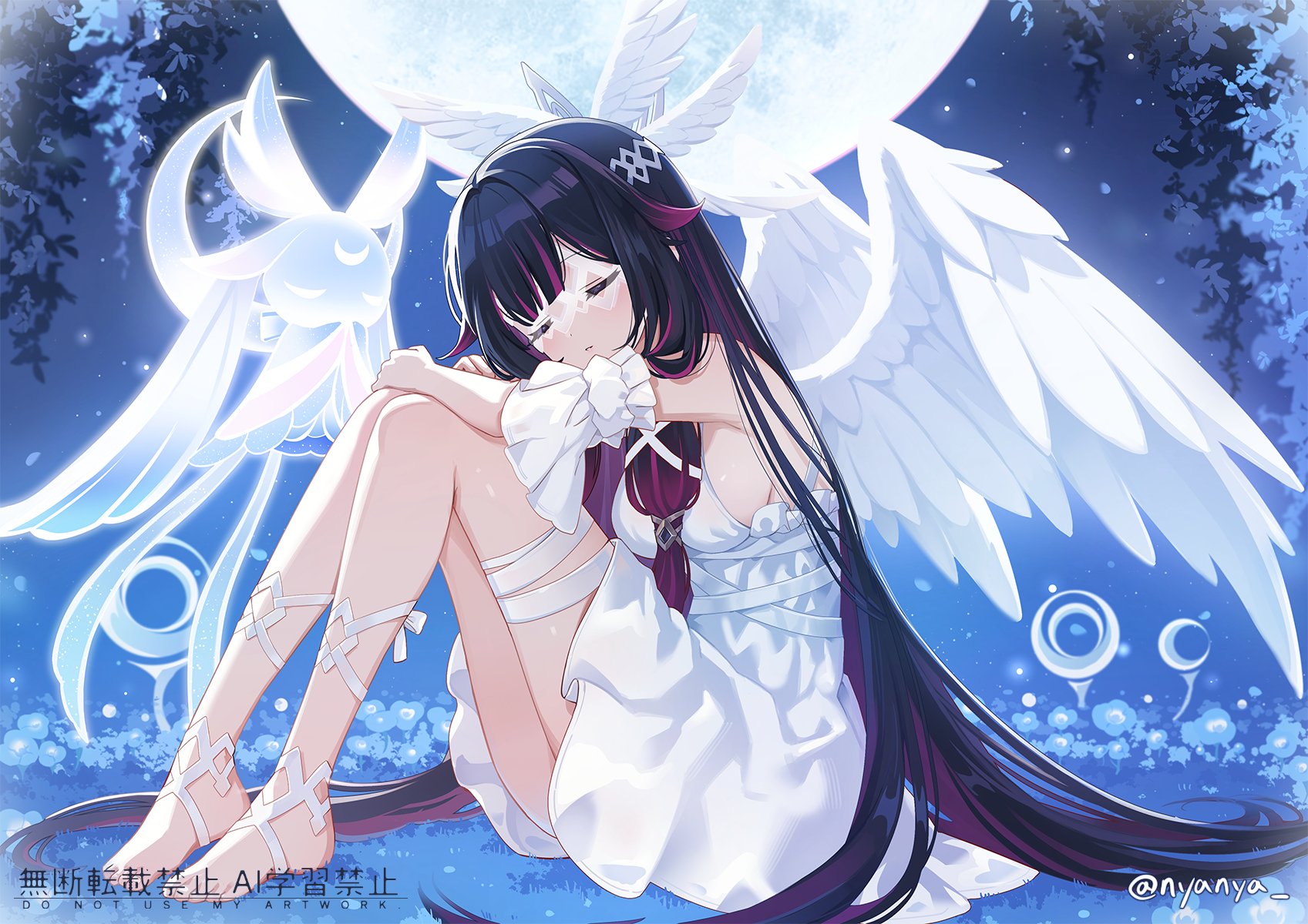 nyanya, columbina (genshin impact), genshin impact, commentary, highres, 1girl, bare shoulders, black hair, breasts, closed eyes, closed mouth, dress, feathered wings, from side, hair ornament, long hair, luonnotar (genshin impact), moon, purple hair, sideboob, sitting, solo, very long hair, white dress, white wings, wing hair ornament, wings