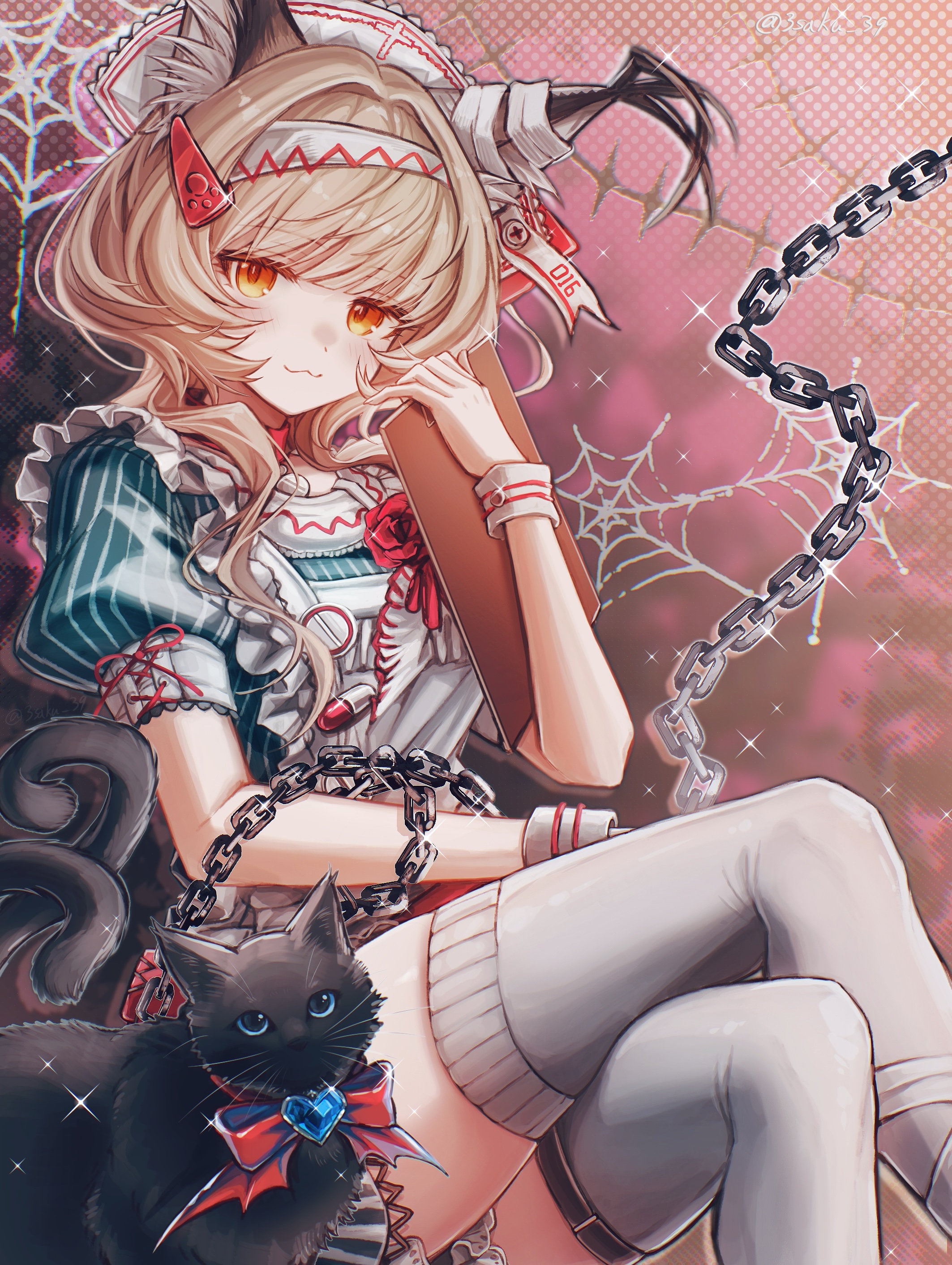 3 (sanyako1), haze (arknights), miss christine (arknights), arknights, absurdres, commentary, highres, 1girl, :3, animal ears, apron, bandaged ear, black cat, blonde hair, blue eyes, brooch, cat, cat ears, crossed legs, dress, frilled apron, frills, green dress, hat, haze (the nursing home creepshow) (arknights), heart, heart brooch, jewelry, multiple tails, nurse cap, official alternate costume, orange eyes, pill, pink background, puffy short sleeves, puffy sleeves, short hair with long locks, short sleeves, silk, solo, spider web, striped clothes, striped dress, tail, thighhighs, vertical-striped clothes, vertical-striped dress, white apron, white hair, white hat, white thighhighs