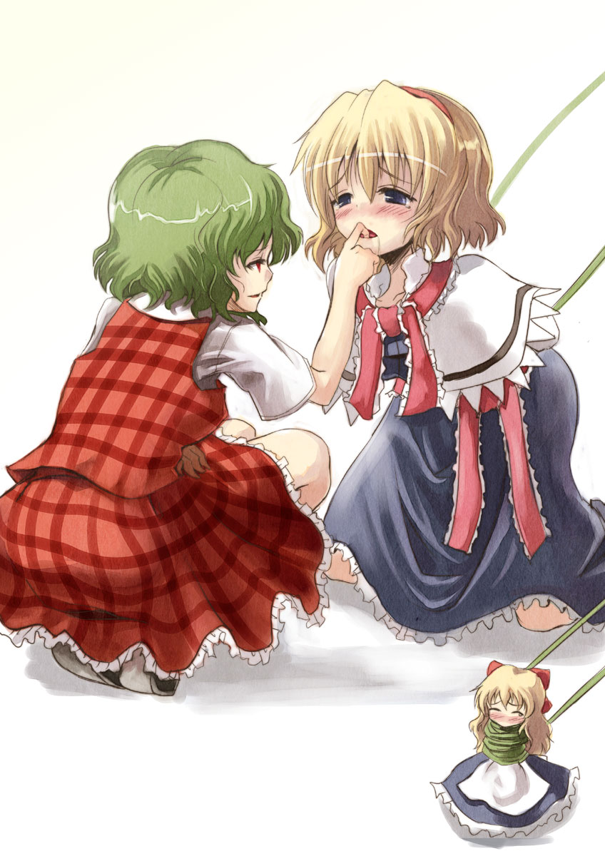 hyuuga azuri, alice margatroid, kazami yuuka, shanghai doll, touhou, highres, 2girls, bdsm, blonde hair, blush, bondage, bound, female focus, finger in another's mouth, green hair, multiple girls, plaid clothes, plaid skirt, plaid vest, saliva, skirt, skirt set, vest
