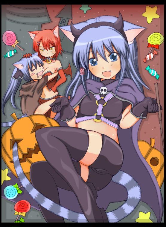 shiina you (tomoshibi), original, 3girls, animal ears, bike shorts, blue eyes, blue hair, boots, breasts, cameltoe, candy, cape, cat ears, cat tail, cling, fang, hair ornament, hairband, hairclip, halloween, horns, large breasts, long hair, midriff, multiple girls, red hair, short hair, siblings, sisters, tail, thigh boots, thighhighs, wand, wings, yellow eyes