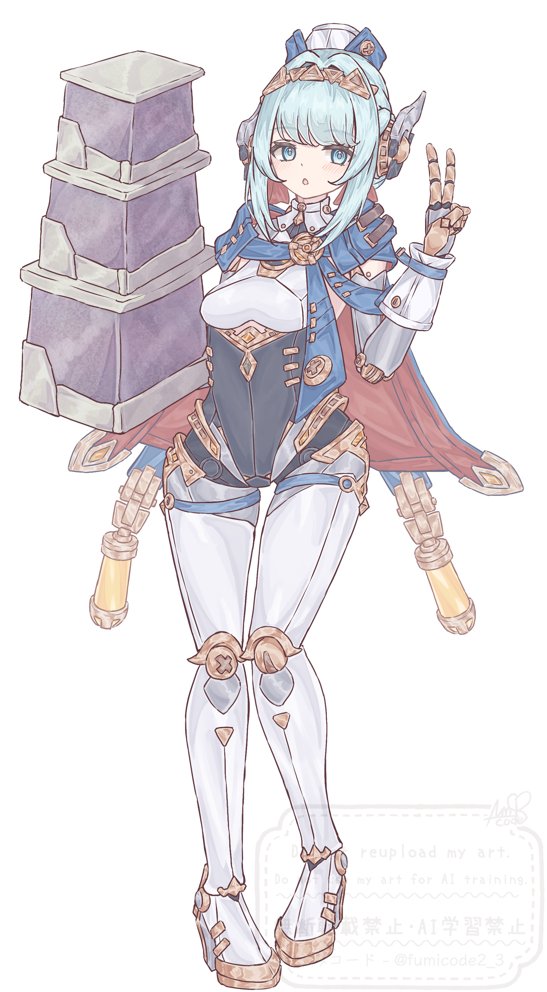 fumicode2 3, ineffa (genshin impact), genshin impact, absurdres, highres, 1girl, android, blue eyes, blue hair, cape, full body, high heels, looking at viewer, mechanical arms, parted lips, robot, robot ears, robot girl, short hair, sidelocks, simple background, solo, standing, v, white background