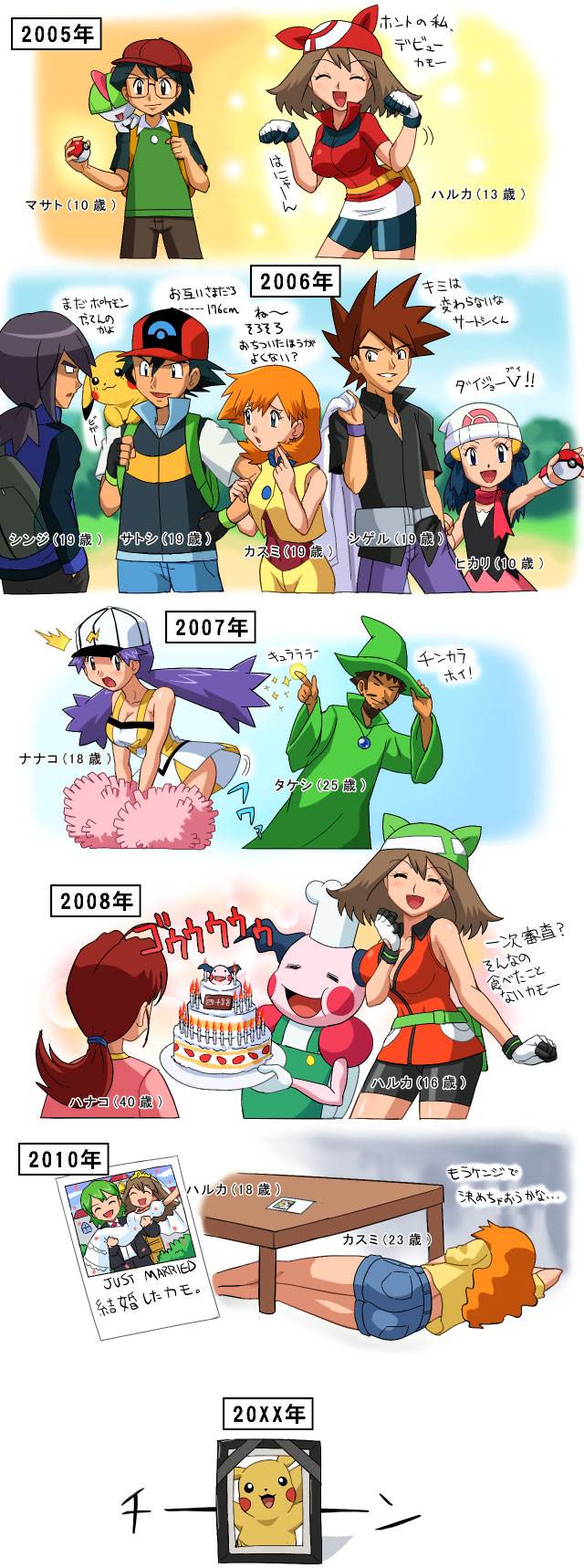 pokemoa, ash ketchum, brock (pokemon), casey (pokemon), dawn (pokemon), delia ketchum, drew (pokemon), gary oak, max (pokemon), may (pokemon), misty (pokemon), mr. mime, paul (pokemon), pikachu, ralts, nintendo, pokemon, pokemon (anime), pokemon (classic anime), pokemon dppt (anime), pokemon gsc, pokemon rse, pokemon rse (anime), framed, highres, partially translated, translation request, 00s, 1990s (style), 3girls, 6+boys, age comparison, age difference, aged up, alternate costume, alternate hair length, alternate hairstyle, beanie, breasts, cake, carrying, cheerleader, death, dress, food, gen 1 pokemon, gen 3 pokemon, hat, holding, holding poke ball, iei, large breasts, mother and son, multiple boys, multiple girls, pastry, photo (object), poke ball, poke ball (basic), pokemon (creature), princess carry, retro artstyle, truth, wedding, wedding dress, wizard