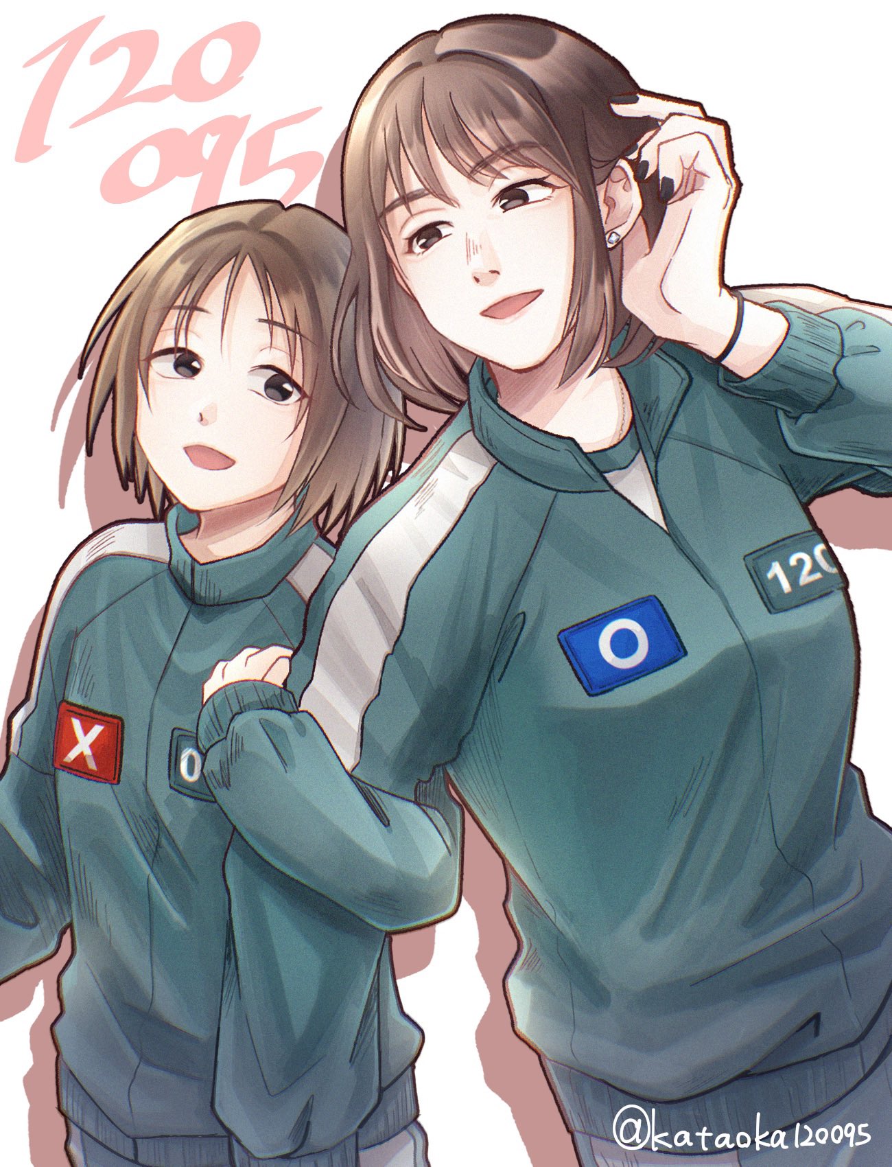 cho hyun-ju, kim young-mi, squid game, hashtag-only commentary, highres, 2girls, :d, aegyo sal, arm hug, black eyes, black nails, bob cut, bracelet, breasts, brown hair, choppy bangs, chromatic aberration, collared jacket, cowboy shot, drop shadow, earrings, eye contact, film grain, green jacket, green pants, hand up, jacket, jewelry, kataoka120095, long sleeves, looking at another, multiple girls, nail polish, open mouth, pants, puffy long sleeves, puffy sleeves, shirt, short hair, simple background, single vertical stripe, small breasts, smile, standing, tongue, twitter username, white background, white shirt