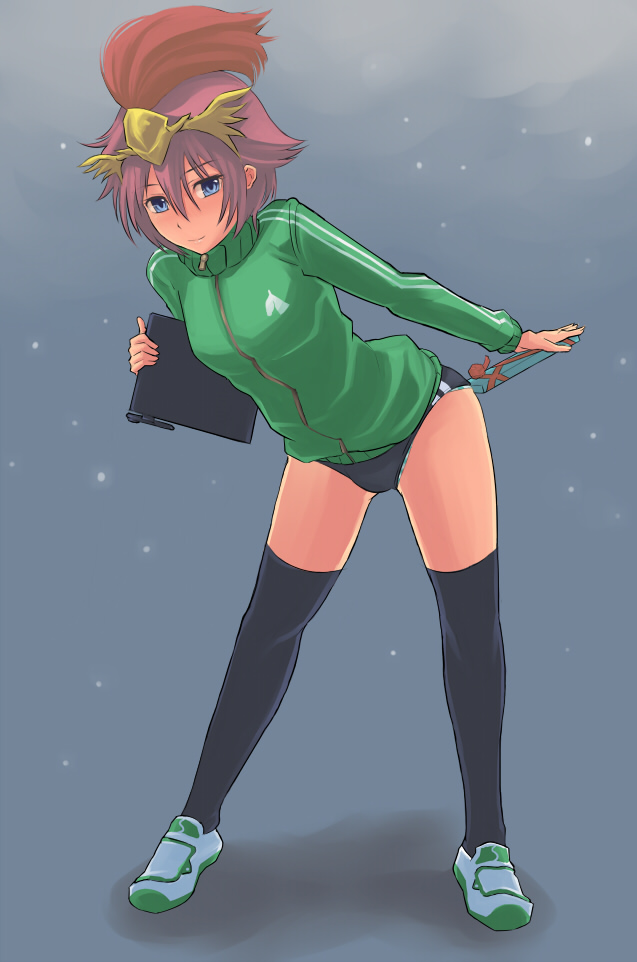 shoohee, zhuge zhan, sangokushi taisen, 1boy, blue eyes, full body, gym uniform, male focus, pink hair, solo, standing, thighhighs, trap