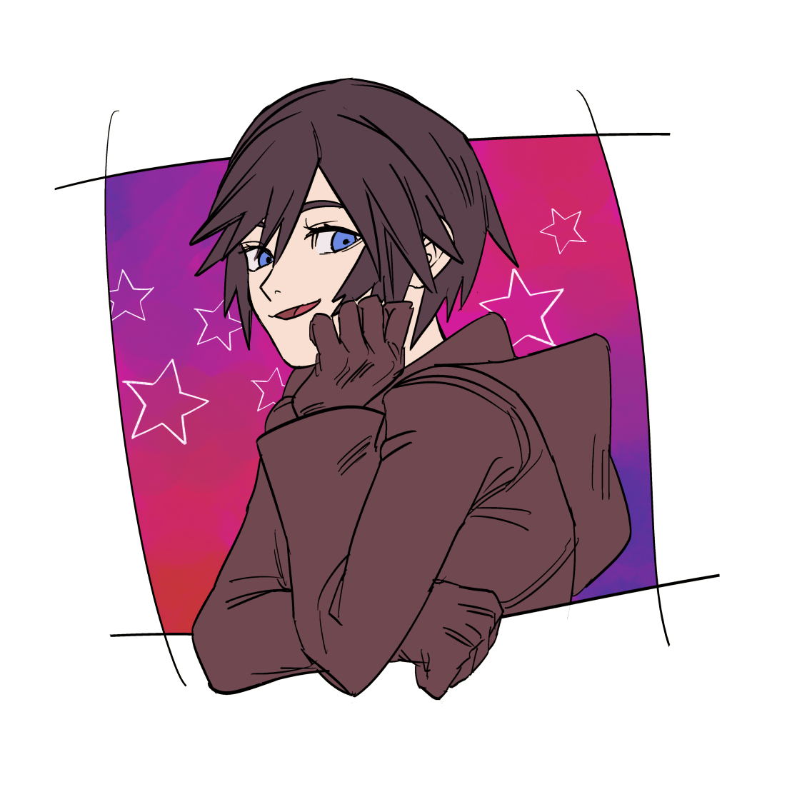 sashimi umasugi, xion (kingdom hearts), kingdom hearts, kingdom hearts 358/2 days, commentary request, 1girl, black coat (kingdom hearts), black gloves, black hair, black hood, blue eyes, gloves, gradient background, short hair, smile, solo, star (symbol), upper body