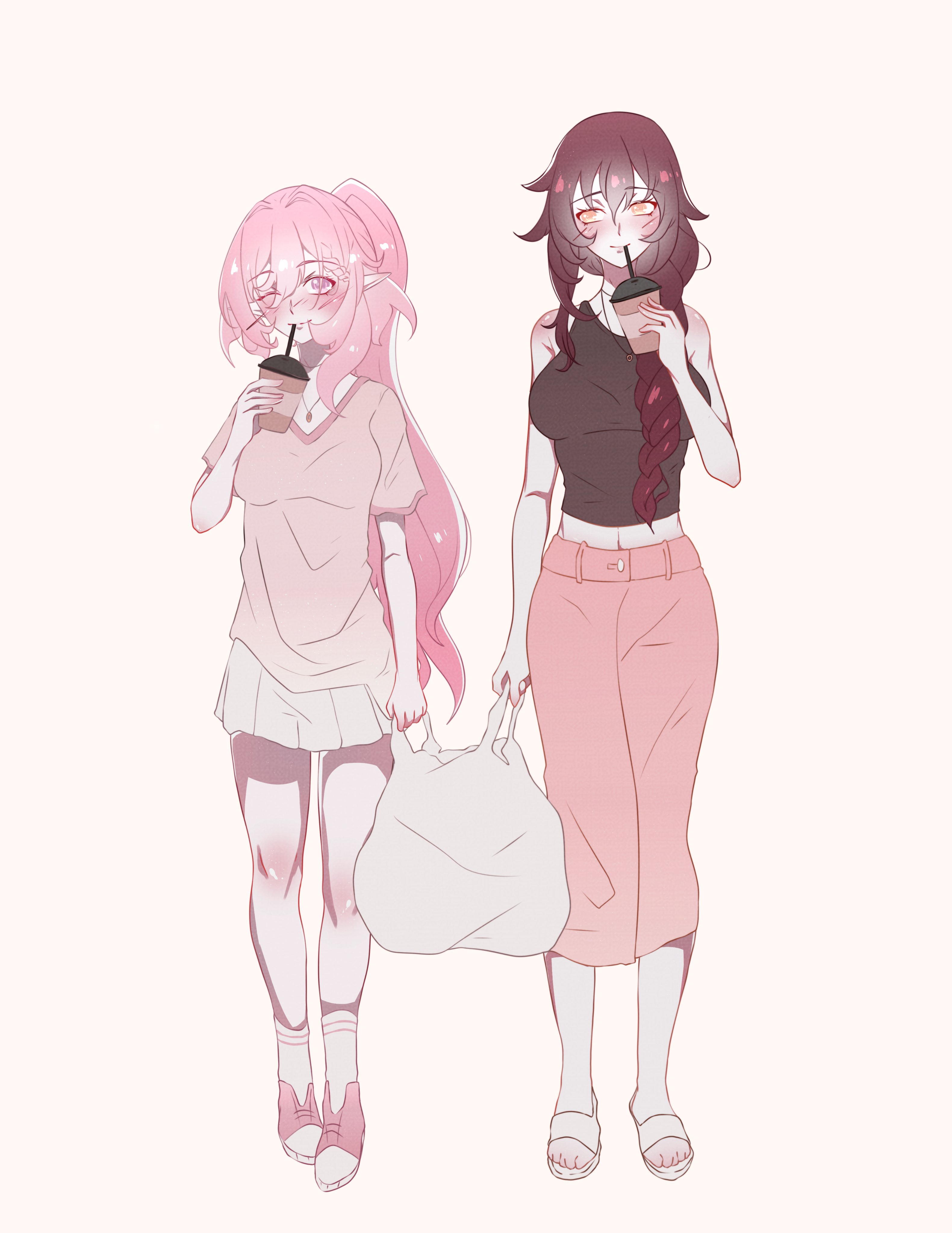 mali aa, eden (honkai impact), elysia (honkai impact), honkai (series), honkai impact 3rd, absurdres, commentary, english commentary, highres, 2girls, bag, black shirt, breasts, brown hair, couple, cup, disposable cup, elf, holding, holding bag, holding cup, large breasts, long braid, long hair, miniskirt, multiple girls, pink shirt, pink shoes, pink skirt, pointy ears, purple eyes, shirt, shoes, simple background, skirt, slippers, socks, toes, very long hair, white background, white skirt, white socks, yellow eyes, yuri