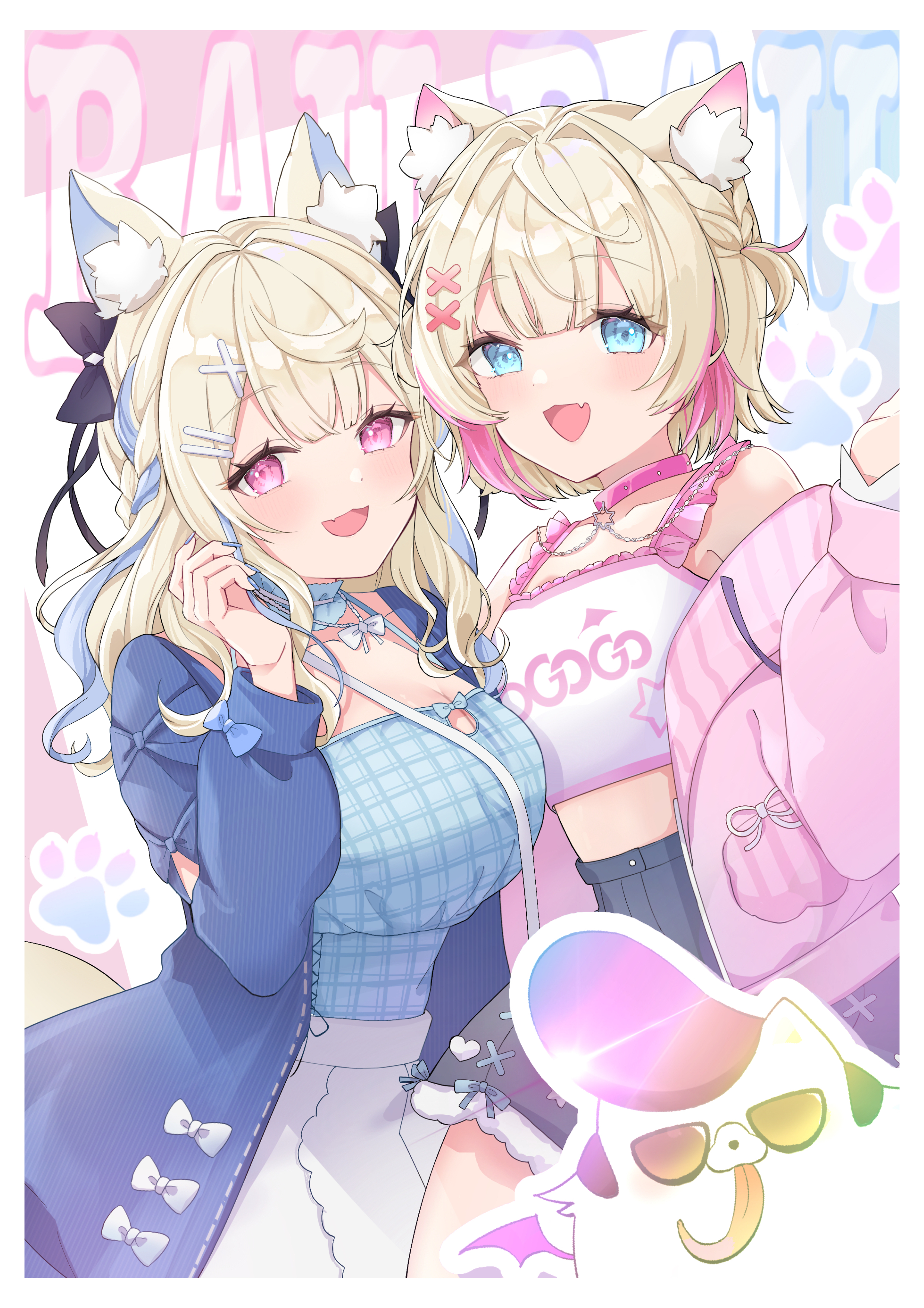 suzu mechi, fuwawa abyssgard, fuwawa abyssgard (casual), mococo abyssgard, mococo abyssgard (casual), perroccino (fuwamoco), hololive, hololive english, absurdres, highres, 2girls, animal ear fluff, animal ears, aqua eyes, aqua hair, aqua nails, black bow, black skirt, blonde hair, blue jacket, blue shirt, blush, bow, braid, breasts, collarbone, dog ears, dog girl, hair ornament, hairclip, jacket, large breasts, long hair, long sleeves, looking at viewer, medium breasts, multicolored hair, multiple girls, official alternate costume, open mouth, parallel hairclips, pink eyes, pink hair, pink jacket, plaid clothes, plaid shirt, shirt, short hair, siblings, sisters, skirt, smile, twintails, virtual youtuber, white skirt, x hair ornament