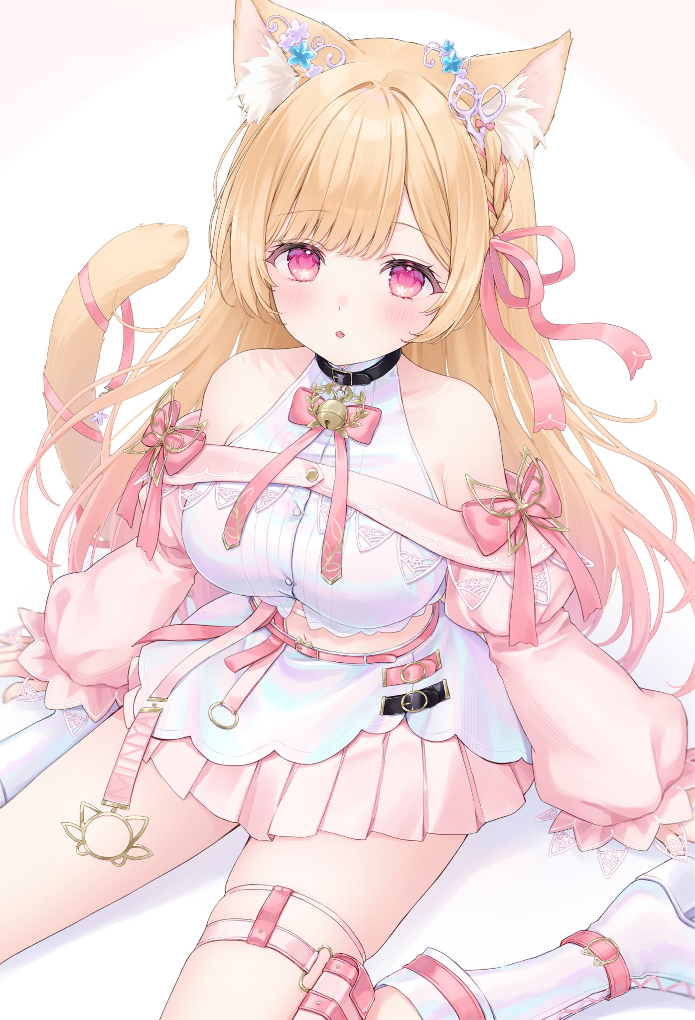 shano hiyori, specialite (company), commentary, commission, highres, skeb commission, 1girl, animal ear fluff, animal ears, bare shoulders, bell, blonde hair, blush, boots, bow, bowtie, breasts, cat ears, cat girl, cat tail, crop top, cropped shirt, feet out of frame, hair ribbon, lace-up boots, large breasts, long hair, long sleeves, looking at viewer, midriff, navel, neck bell, open mouth, pink bow, pink bowtie, pink eyes, pink ribbon, pink skirt, pleated skirt, ribbon, scott minya, shirt, sitting, skirt, solo, tail, virtual youtuber, wariza, white background, white boots, white shirt