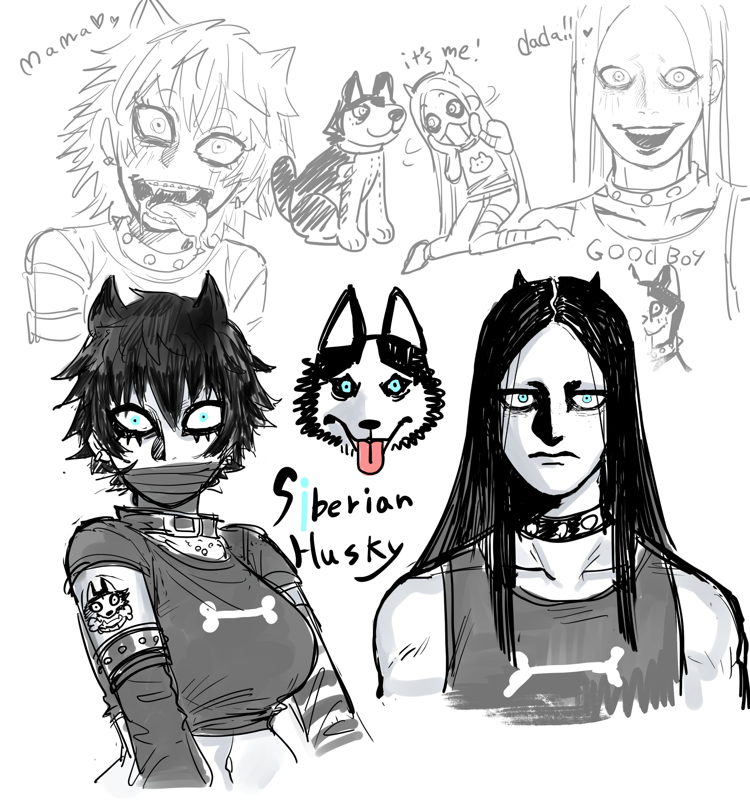 dancho no mori, original, absurdres, highres, 1boy, 1girl, :d, animal name, arm tattoo, bandages, bandages over mouth, bare shoulders, belt collar, blue eyes, braces, breasts, choker, collar, collarbone, constricted pupils, creature and personification, cropped shirt, dog, drooling, earrings, english text, eyeliner, fangs, husky, jewelry, large breasts, long hair, makeup, navel, no eyebrows, open mouth, parted bangs, personification, saliva, short hair, simple background, smile, spiked choker, spikes, stuffed animal, stuffed dog, stuffed toy, tank top, tattoo, teeth, tongue, tongue out, white background