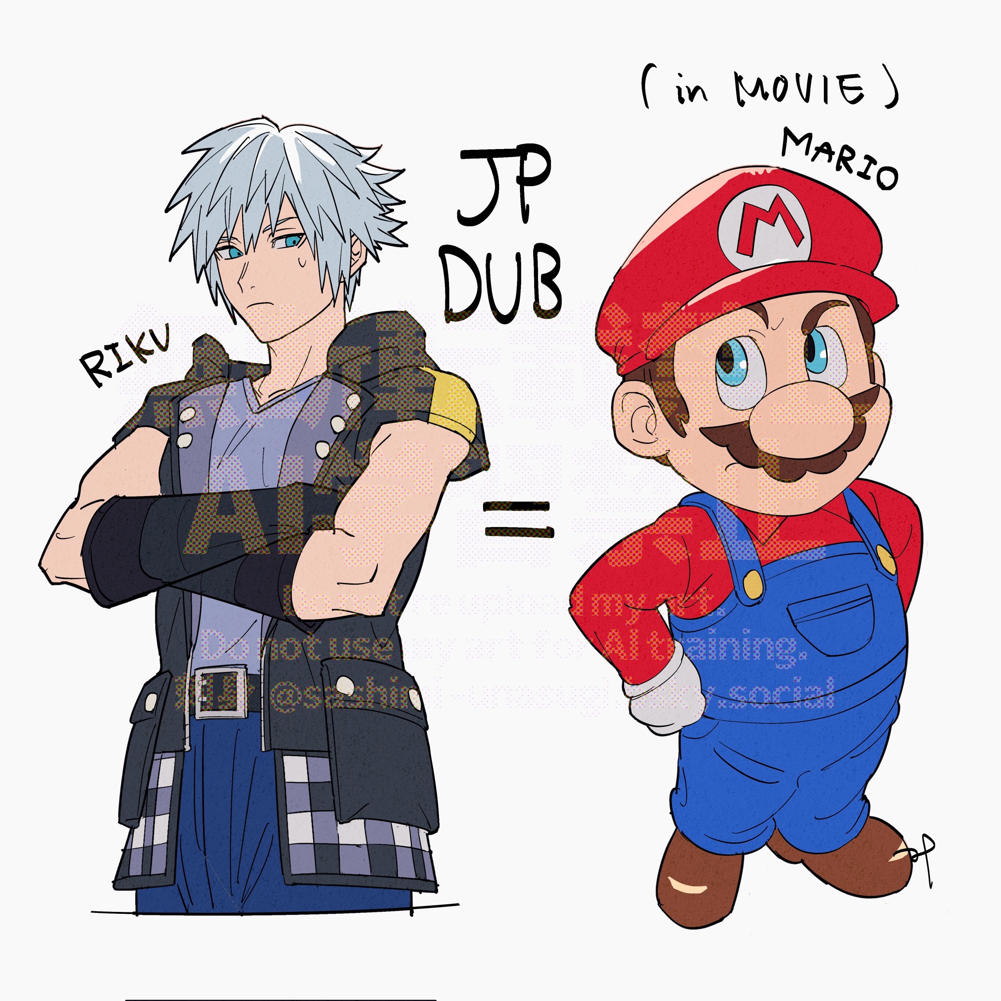 sashimi umasugi, mario, miyano mamoru, riku (kingdom hearts), kingdom hearts, kingdom hearts iii, mario (series), nintendo, the super mario bros. movie, commentary request, highres, 2boys, belt, black arm warmers, black belt, blue eyes, blue overalls, blue pants, brown hair, crossed arms, facial hair, frown, hat, hood, hooded coat, male focus, multiple boys, mustache, overalls, pants, raised eyebrow, red hat, red shirt, shirt, short-sleeved coat, signature, sweatdrop, voice actor connection, watermark