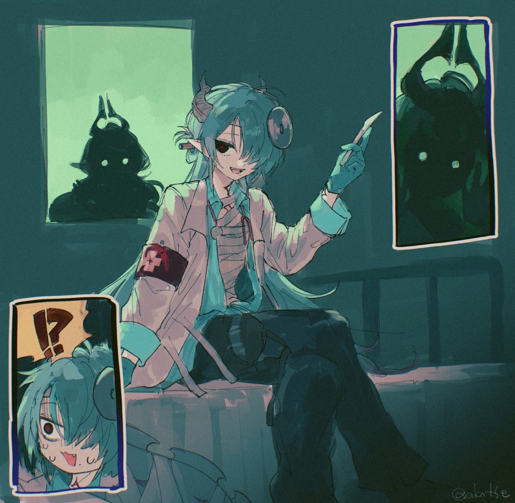 seri (akntse), mitm (arknights), nymph (arknights), arknights, commentary, 1boy, 1girl, aqua gloves, aqua hair, armband, artist name, bandaged chest, black pants, coat, crossed legs, gloves, hair over one eye, holding, holding scalpel, horns, horror (theme), lab coat, long hair, looking at viewer, looking to the side, mitm (under surgical lights) (arknights), nervous sweating, official alternate costume, on bed, open mouth, pants, pointy ears, red eyes, scalpel, shadow, sitting, smile, solid circle eyes, stethoscope, stethoscope around neck, surprised, sweat, very long hair, white coat
