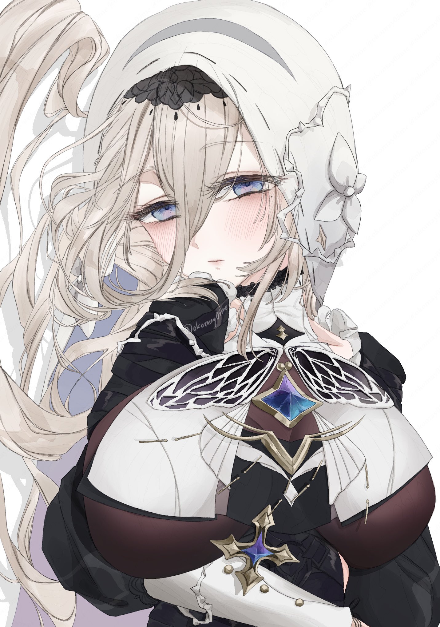 komay (okomay05me), aponia, honkai (series), honkai impact 3rd, commentary request, highres, 1girl, black dress, blonde hair, blue eyes, breast curtains, breasts, dress, large breasts, long hair, looking at viewer, mole, mole under eye, nun, simple background, solo, twitter username, upper body, veil, white background, white veil
