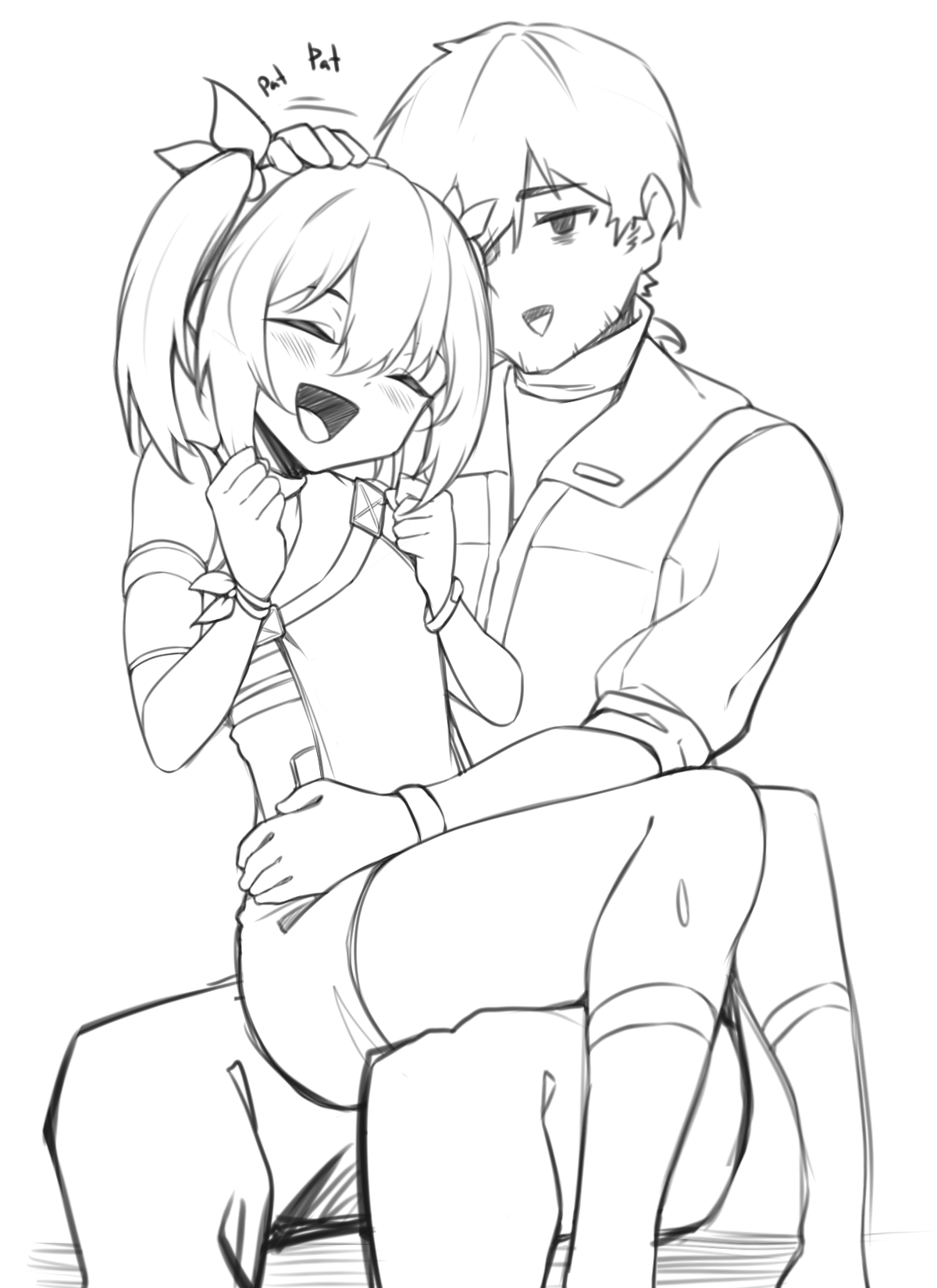 act (xadachit), colphne (girls' frontline 2), commander (girls' frontline), girls' frontline, girls' frontline 2: exilium, commentary, english commentary, highres, unfinished, 1boy, 1girl, :d, armband, bandana around wrist, blush, bow, closed eyes, dress, elmo dormitory outfit, english text, gloves, hair between eyes, hair bow, headpat, jacket, kneehighs, lineart, medium hair, monochrome, open mouth, pants, short hair, short twintails, sidelocks, simple background, sitting, sitting on lap, sitting on person, sleeveless, sleeveless dress, smile, socks, sound effects, twintails
