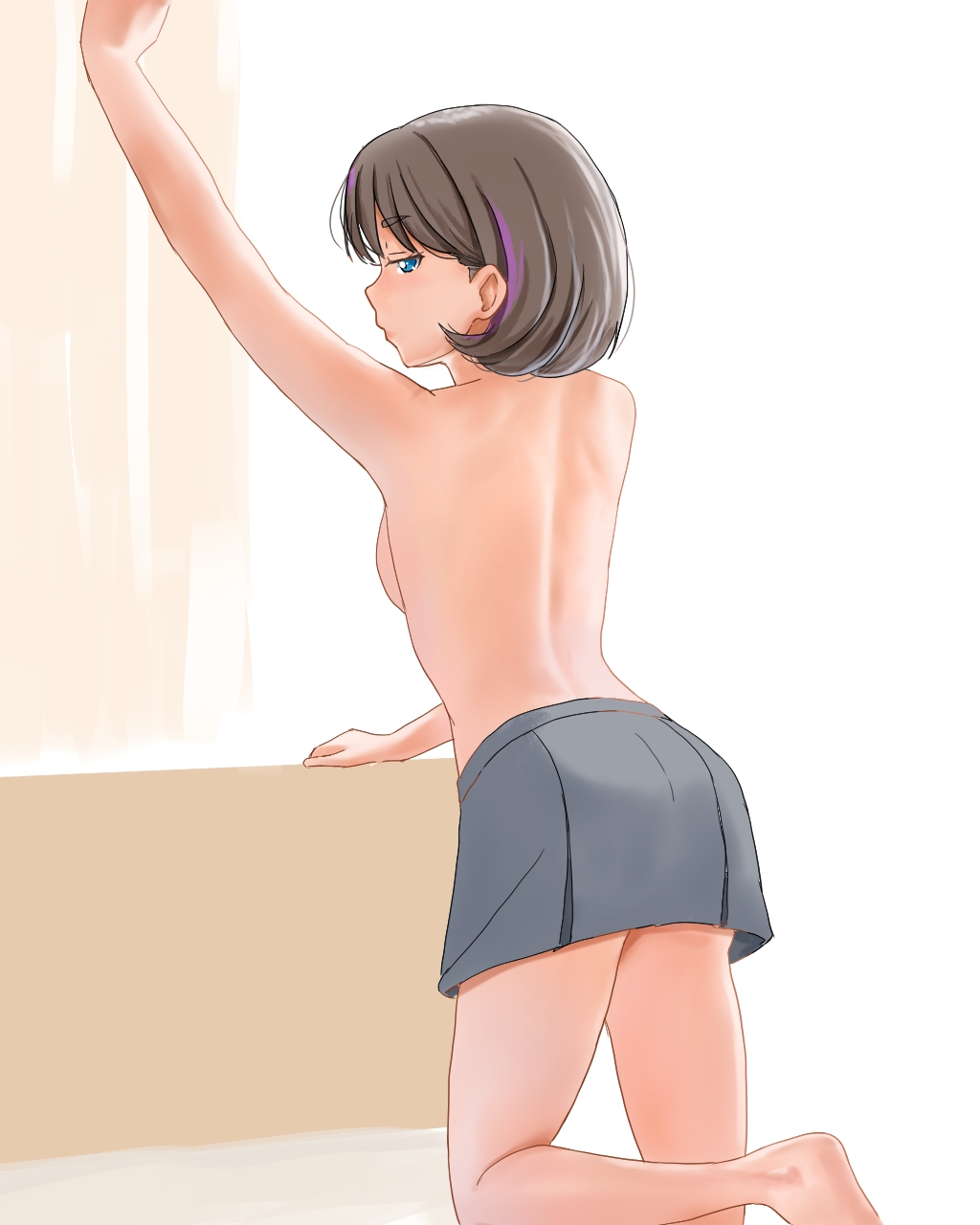 nonaka kokoro, tang keke, love live!, love live! superstar!!, commentary request, highres, 1girl, arm up, blue eyes, breasts, coloring practice, grey hair, grey skirt, jitome, large breasts, looking at viewer, looking back, miniskirt, naked skirt, pleated skirt, school uniform, short hair, skirt, solo, topless female, yuigaoka school uniform
