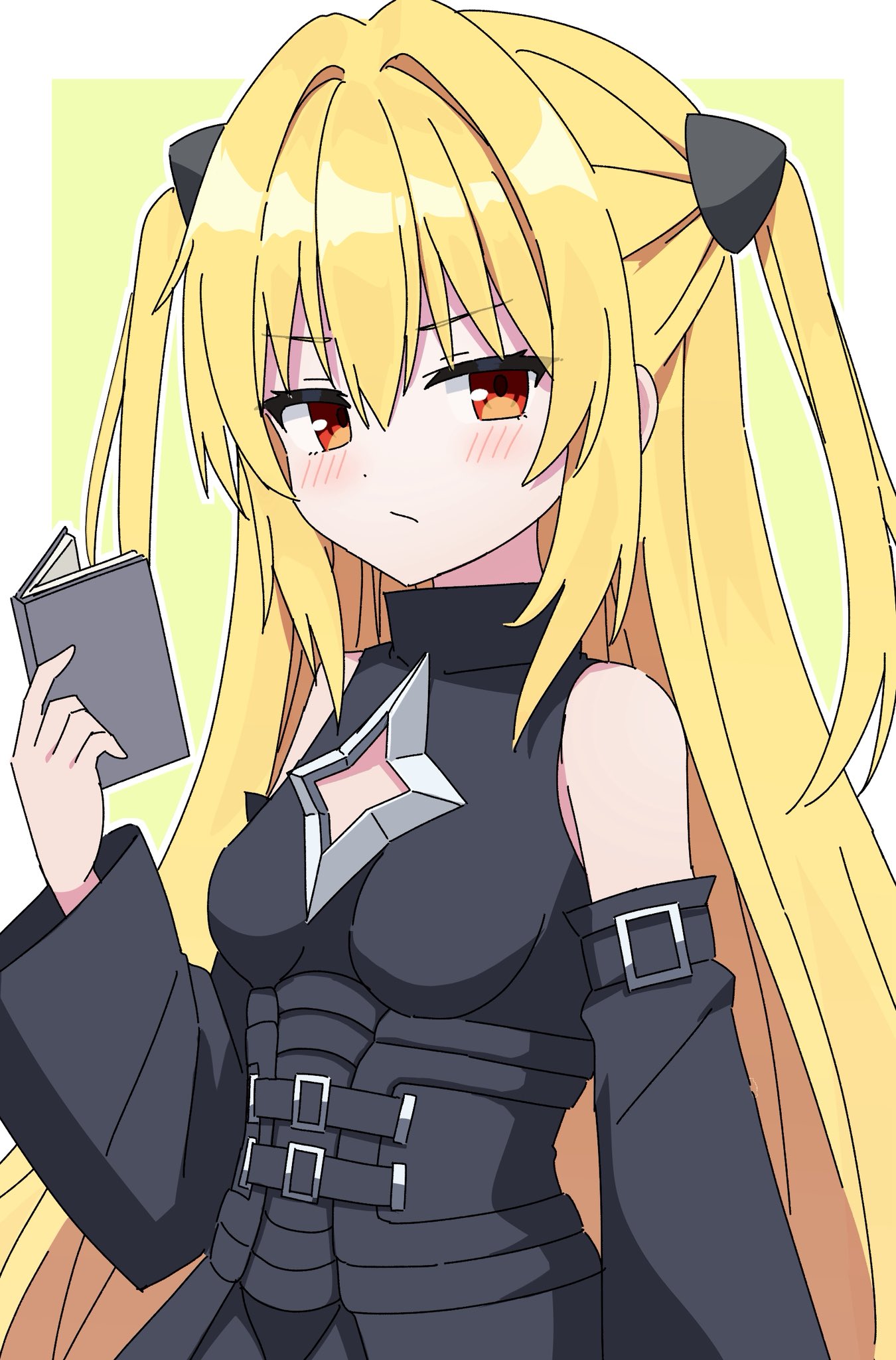 kaie, konjiki no yami, to love-ru, commentary request, highres, 1girl, bare shoulders, black dress, black sleeves, blonde hair, blush, border, breasts, closed mouth, detached sleeves, dot nose, dress, green background, hair between eyes, holding, holding notebook, long hair, long sleeves, looking at viewer, notebook, outline, outside border, red eyes, simple background, sleeveless, sleeveless dress, small breasts, solo, two side up, upper body, very long hair, white border, white outline