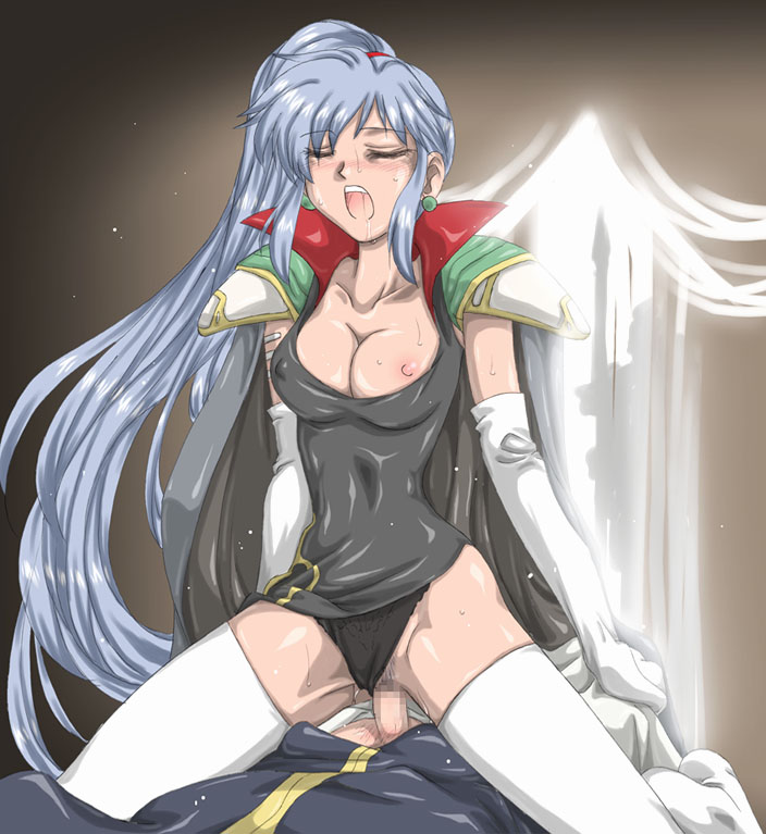 kyouno aki, ishtar (fire emblem), julius (fire emblem), fire emblem, fire emblem: genealogy of the holy war, nintendo, silver hair, 1boy, 1girl, armor, black panties, blue hair, blush, breasts, cape, censored, closed eyes, clothed sex, clothing aside, cowgirl position, dress, earrings, elbow gloves, girl on top, gloves, hetero, jewelry, long hair, medium breasts, mosaic censoring, nipple slip, nipples, one breast out, open mouth, panties, panties aside, pauldrons, penis, ponytail, pubic hair, sex, shoulder armor, straddling, sweat, thighhighs, underwear, vaginal, white gloves, white thighhighs
