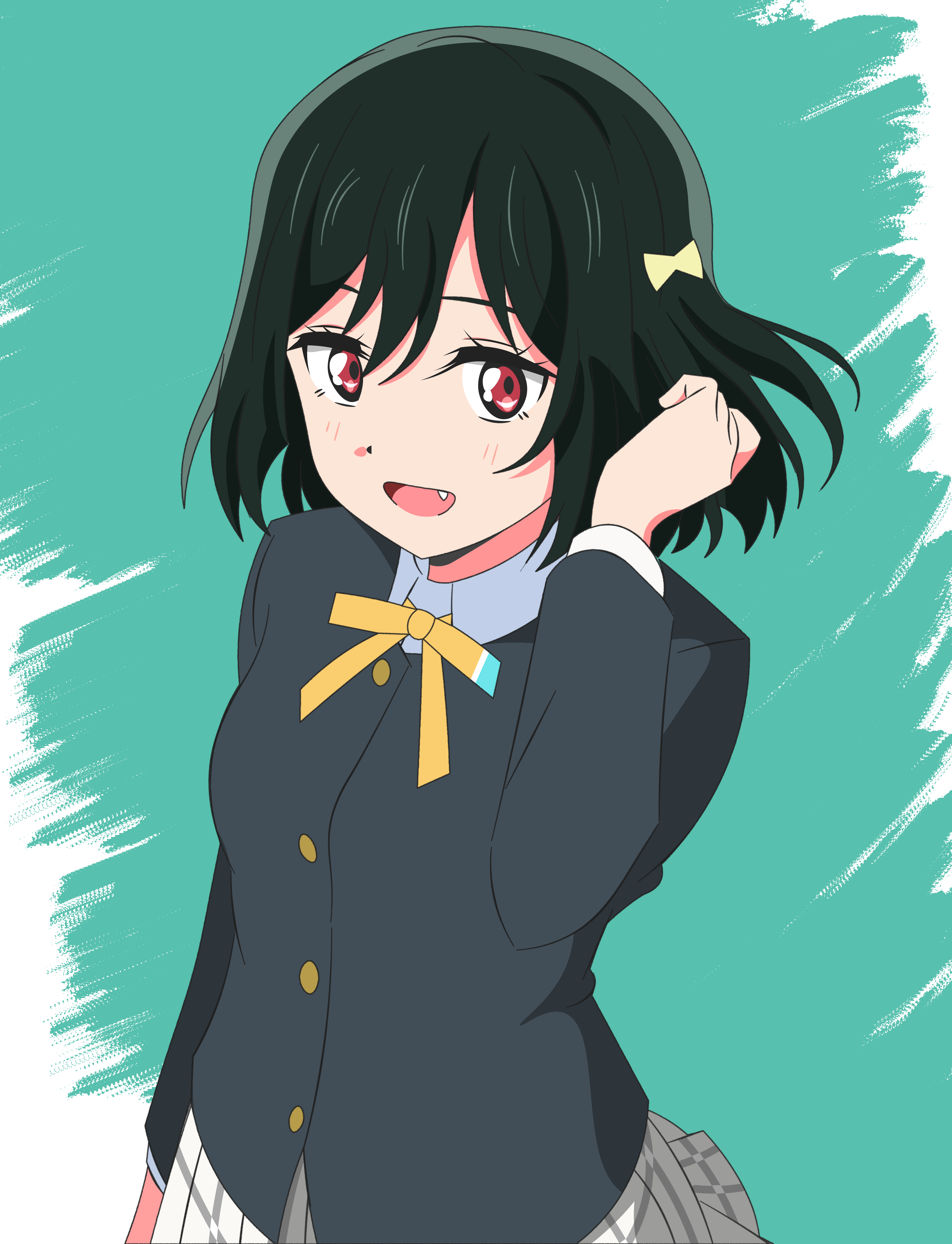 shinonome sakura, mifune shioriko, love live!, love live! nijigasaki high school idol club, absurdres, commentary, highres, 1girl, black hair, black jacket, bow, collared shirt, dress shirt, fang, hair bow, jacket, looking at viewer, medium hair, miniskirt, neck ribbon, plaid clothes, plaid skirt, pleated skirt, red eyes, ribbon, shirt, skirt, solo, white shirt, white skirt, winter uniform, yellow bow, yellow ribbon