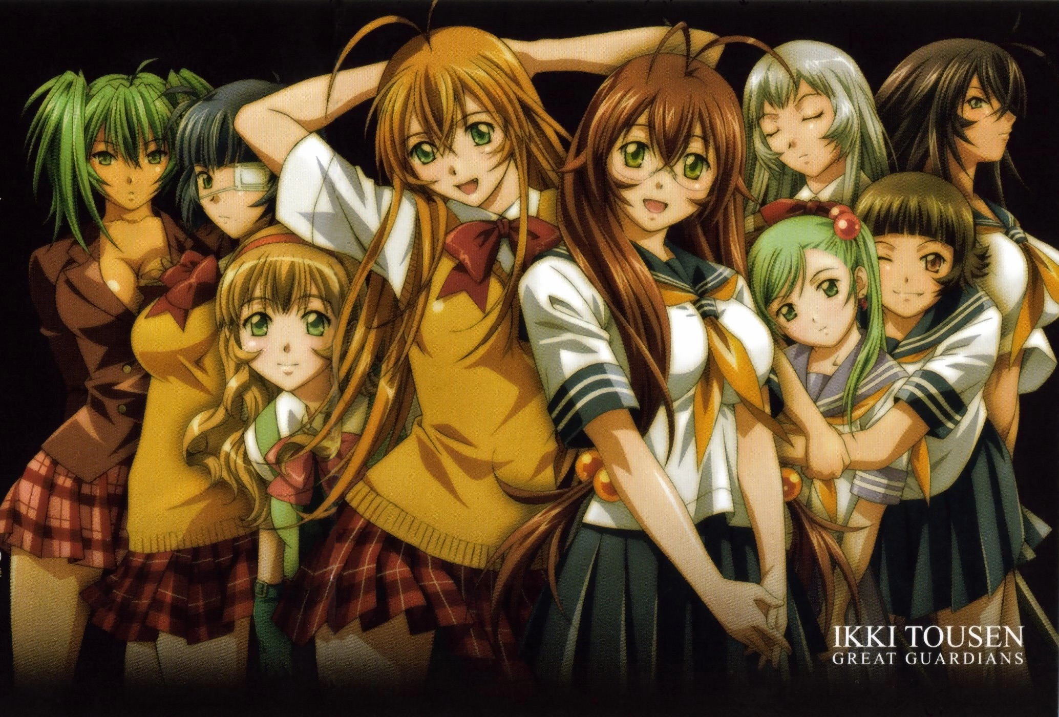 rin-sin, chouhi ekitoku, chouun shiryuu, kan'u unchou, ryofu housen, ryomou shimei, ryuubi gentoku, shokatsuryou koumei, sonken chuubou, sonsaku hakufu, ikkitousen, ikkitousen great guardians, silver hair, highres, official art, scan, scan artifacts, 00s, 6+girls, :d, age difference, ahoge, antenna hair, arms behind head, black hair, blazer, blue eyes, blue hair, blunt bangs, bob cut, bow, bowtie, breasts, brown eyes, brown hair, buttons, child, cleavage, closed eyes, copyright name, cowboy shot, crossed arms, everyone, eyepatch, fang, fang out, flat chest, glasses, green eyes, green hair, hair bobbles, hair ornament, hair over shoulder, hairband, head tilt, hug, hug from behind, interlocked fingers, jacket, large breasts, long hair, looking at viewer, low-tied long hair, low twintails, miniskirt, mole, multiple girls, neckerchief, necktie, one eye closed, open mouth, orange hair, own hands clasped, own hands together, plaid clothes, plaid skirt, pleated skirt, rimless eyewear, school uniform, serafuku, short twintails, skirt, sleeve cuffs, smile, standing, sweater vest, swept bangs, tan, taut clothes, twintails, v arms, very long hair, vest, wink