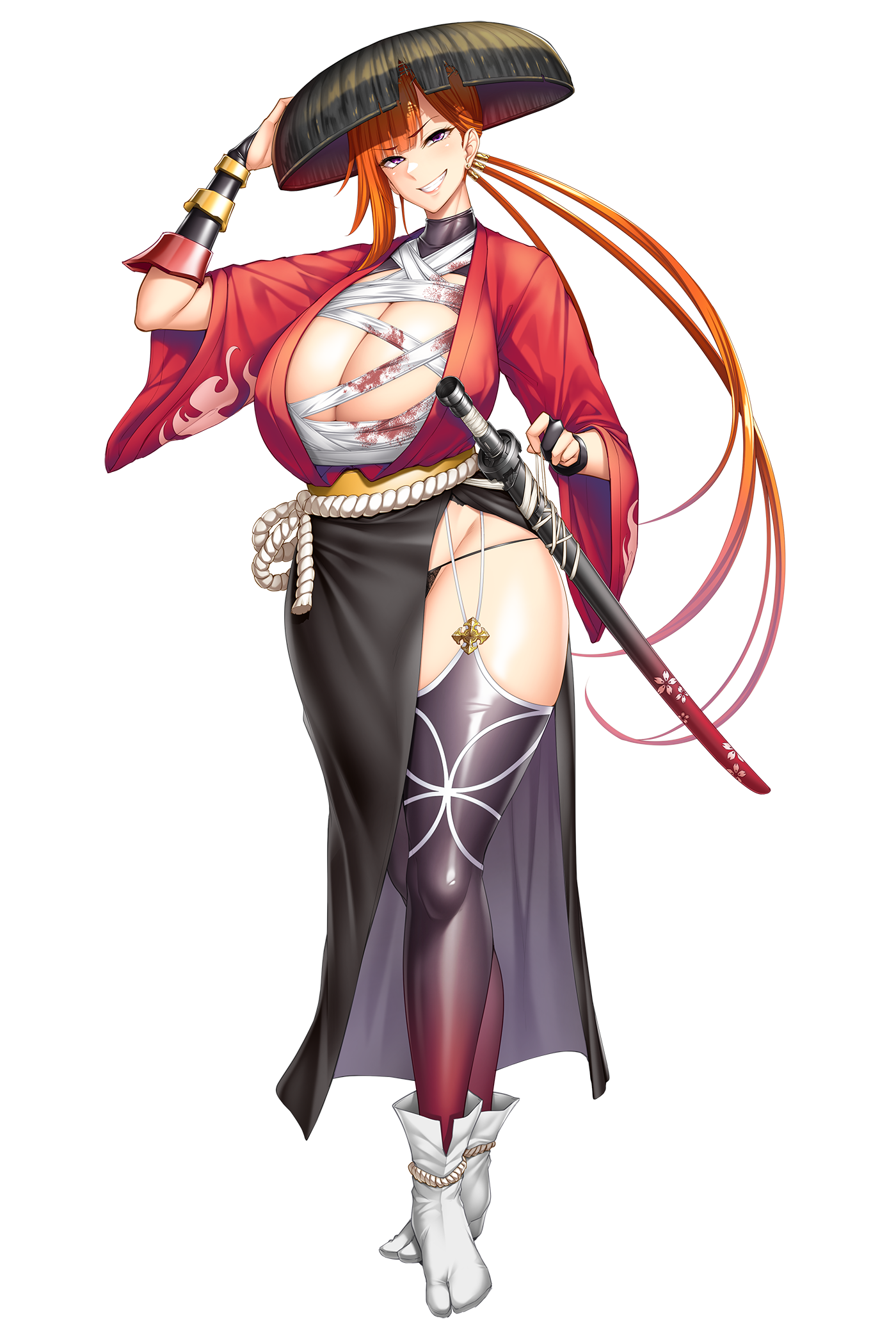 sian, kamimura maika, kamimura maika (future), lilith-soft, taimanin (series), taimanin rpgx, highres, 1girl, black panties, blood on clothes, bloody sarashi, breasts, cleavage, cleavage cutout, clothing cutout, curvy, earrings, full body, garter straps, gloves, grin, hat, holding, holding unworn clothes, holding unworn hat, holding weapon, huge breasts, impossible clothes, jewelry, katana, lips, long hair, looking at viewer, micro panties, orange hair, panties, ponytail, samurai, sarashi, shiny clothes, shiny skin, skin tight, smile, standing, sword, thong, transparent background, underwear, unworn hat, unworn headwear, very long hair, weapon, wide hips