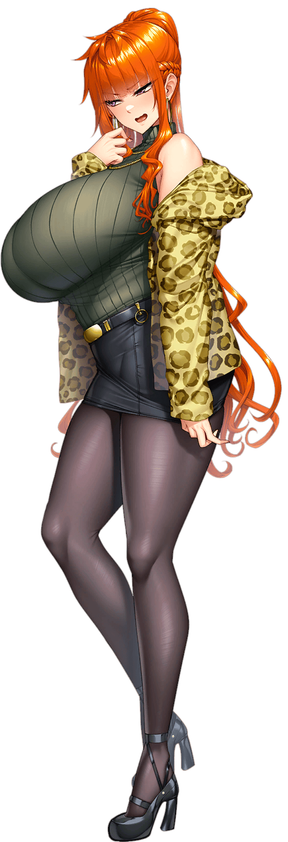 sian, kamimura maika, kamimura maika (future), lilith-soft, taimanin (series), taimanin rpgx, highres, 1girl, alternate costume, black skirt, breasts, curvy, full body, huge breasts, jacket, long hair, open clothes, open jacket, orange hair, skirt, solo, standing, transparent background, wide hips