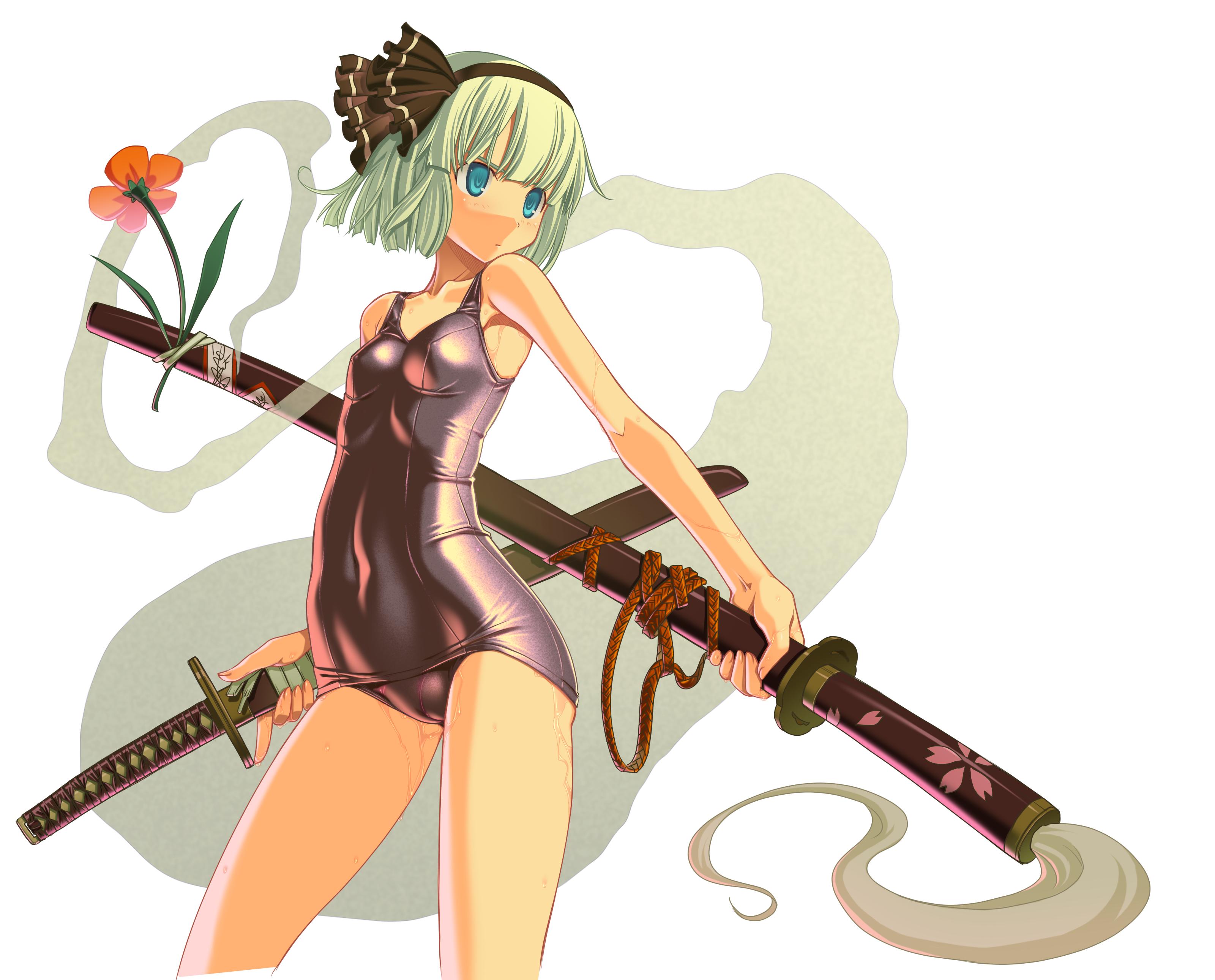 sakuya tsuitachi, konpaku youmu, konpaku youmu (ghost), touhou, silver hair, absurdres, duplicate, highres, 1girl, bare shoulders, black one-piece swimsuit, blue eyes, breasts, cameltoe, covered erect nipples, dual wielding, female focus, flower, ghost, hitodama, holding, katana, one-piece swimsuit, school swimsuit, sheath, sheathed, short hair, small breasts, solo, swimsuit, sword, tanto, weapon, wet