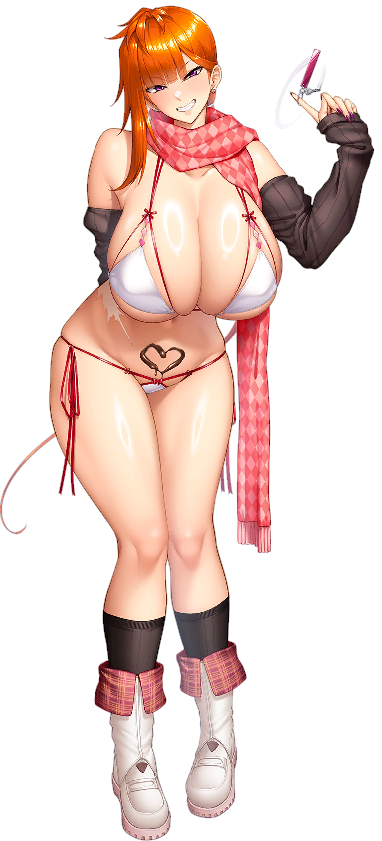 sian, kamimura maika, kamimura maika (future), lilith-soft, taimanin (series), taimanin rpgx, highres, 1girl, alternate costume, bikini, breasts, candy, chocolate, chocolate heart, food, full body, grin, heart, huge breasts, long hair, looking at viewer, naughty face, navel, official alternate costume, orange hair, ponytail, scar, shiny skin, side-tie bikini bottom, smile, solo, swimsuit, thong, thong bikini, transparent background, valentine, wide hips