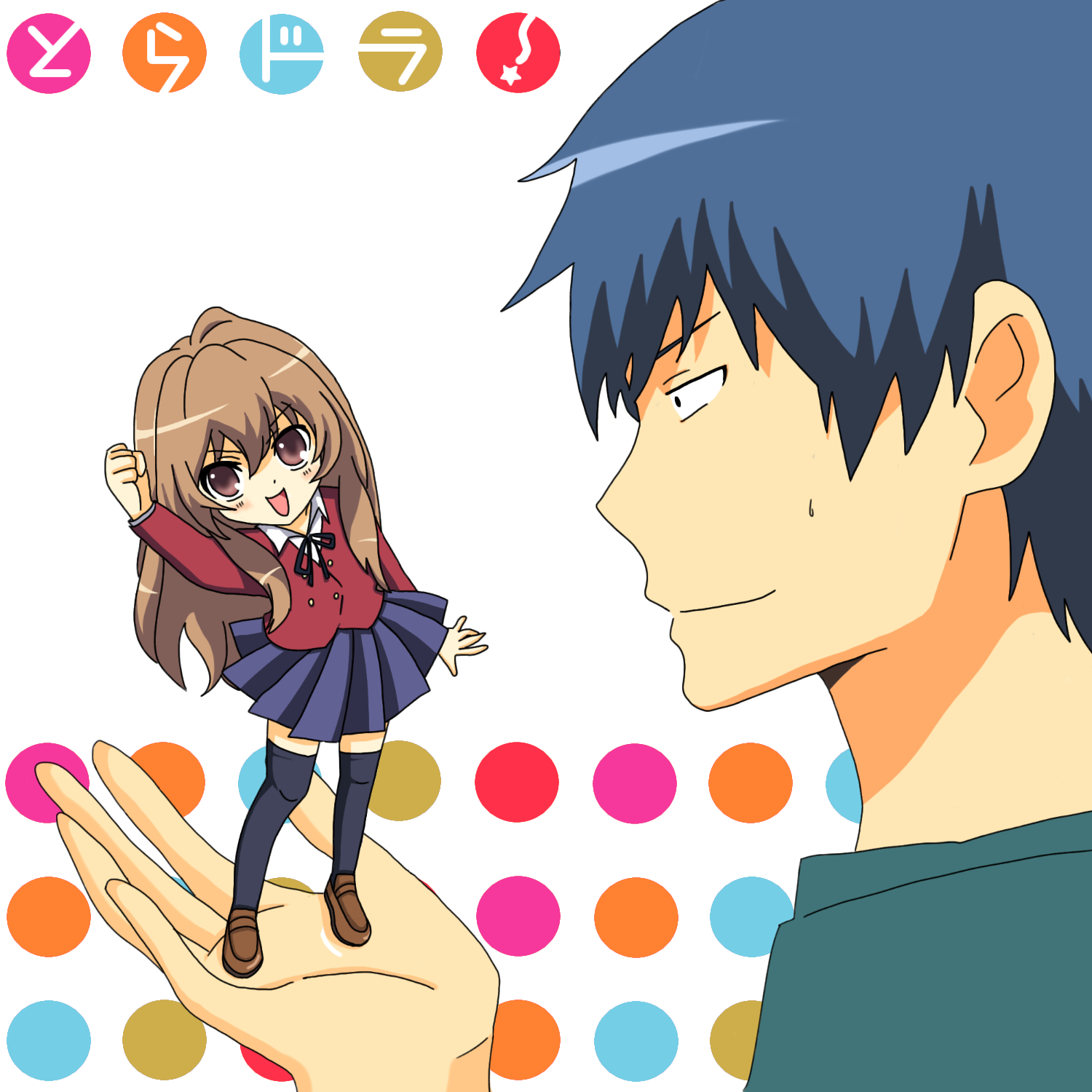 lum10, oto-ko, aisaka taiga, takasu ryuuji, toradora!, bad id, bad pixiv id, highres, 00s, 1boy, 1girl, blue hair, brown eyes, brown hair, flat chest, in palm, long hair, mini person, minigirl, school uniform, thighhighs, very long hair