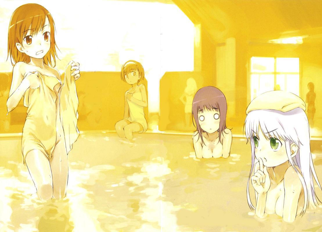 haimura kiyotaka, index (toaru majutsu no index), itsuwa, misaka mikoto, mob (toaru majutsu no index), tsukuyomi komoe, toaru majutsu no index, toaru majutsu no index: old testament, silver hair, 00s, 4girls, bathhouse, bathing, blush, breasts, brown eyes, brown hair, cleavage, completely nude, finger to mouth, green eyes, indoors, long hair, multiple girls, naked towel, navel, nude, o o, open towel, pool, purple hair, short hair, shushing, small breasts, towel, towel on head, wet, yellow theme