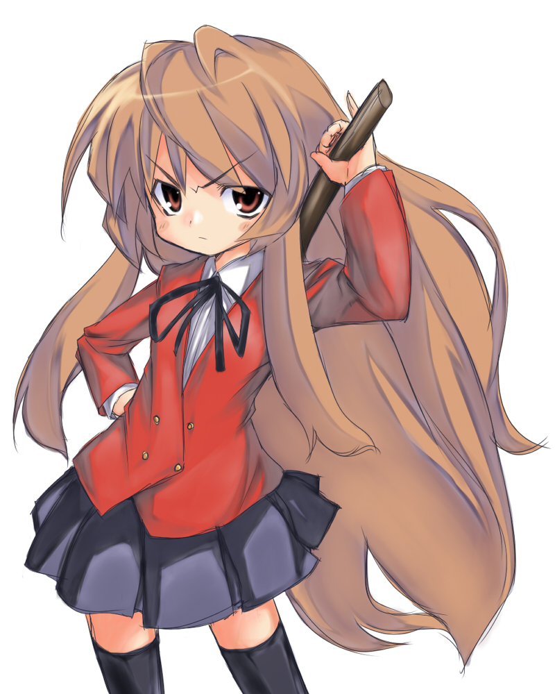 take shinobu, takesinobu, aisaka taiga, toradora!, bad id, bad pixiv id, 00s, 1girl, brown eyes, brown hair, female focus, flat chest, long hair, school uniform, solo, thighhighs, very long hair