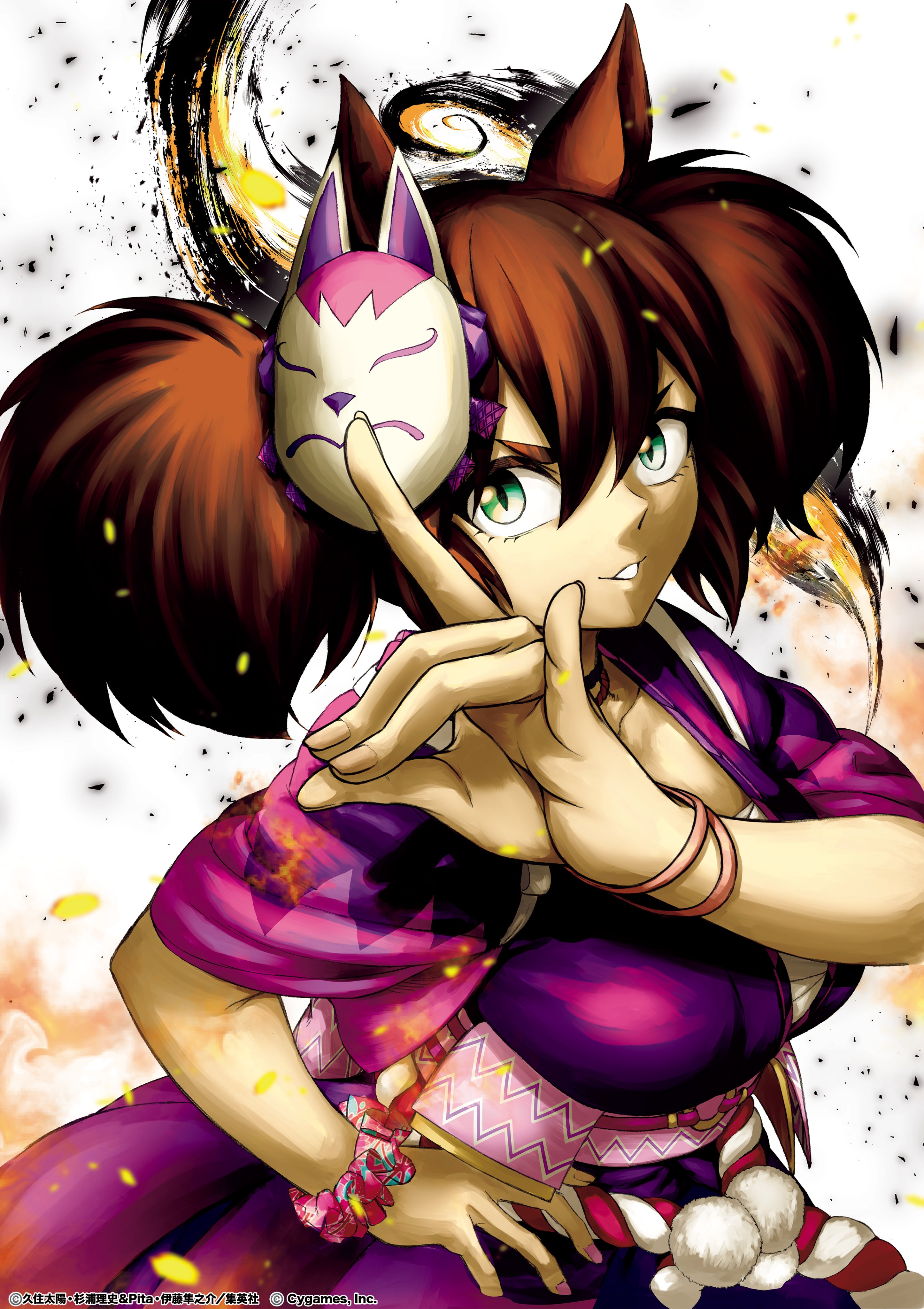 kuzumi taiyou, inari one (inari yukari edomurasaki) (umamusume), inari one (umamusume), umamusume, umamusume: cinderella gray, absurdres, commentary request, highres, official art, 1girl, animal ears, bracelet, breasts, brown hair, chest sarashi, fox mask, fox shadow puppet, green eyes, hair between eyes, horse ears, horse girl, japanese clothes, jewelry, kimono, large breasts, long hair, looking at viewer, mask, mask on head, purple kimono, rope, sarashi, scrunchie, shimenawa, solo, tasuki, twintails, white background, wrist scrunchie